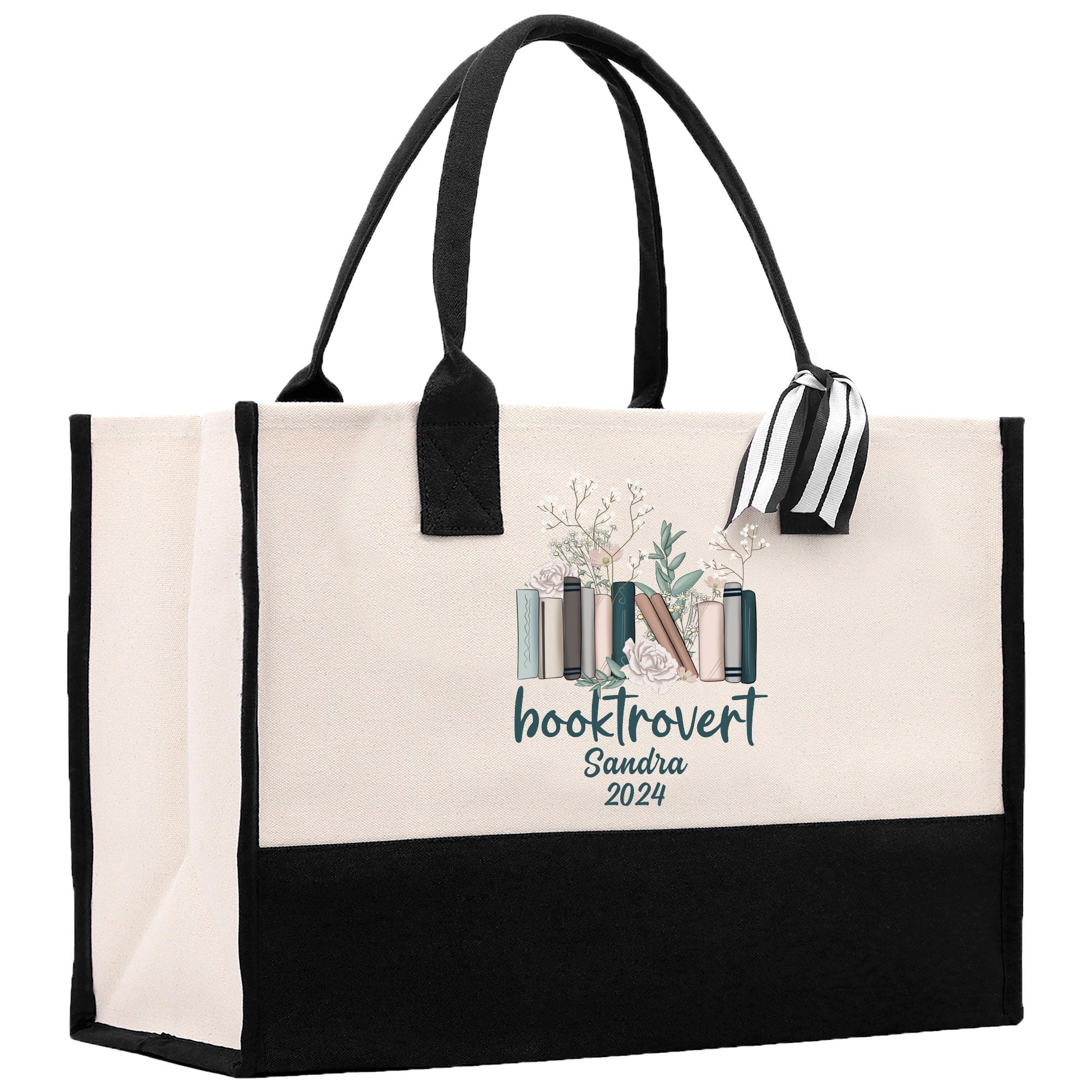 a black and white tote bag with a logo on it