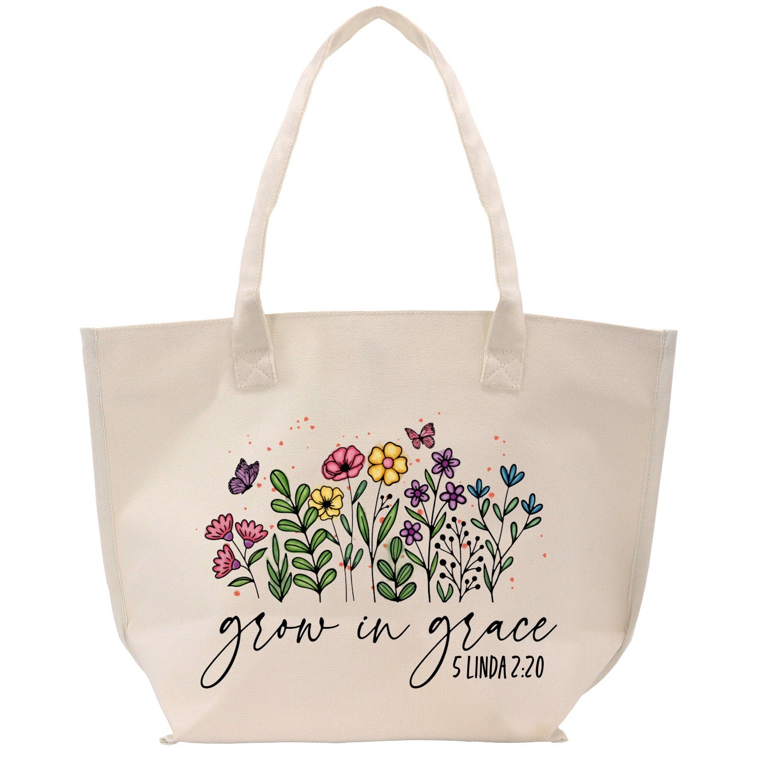 a white bag with flowers and butterflies on it