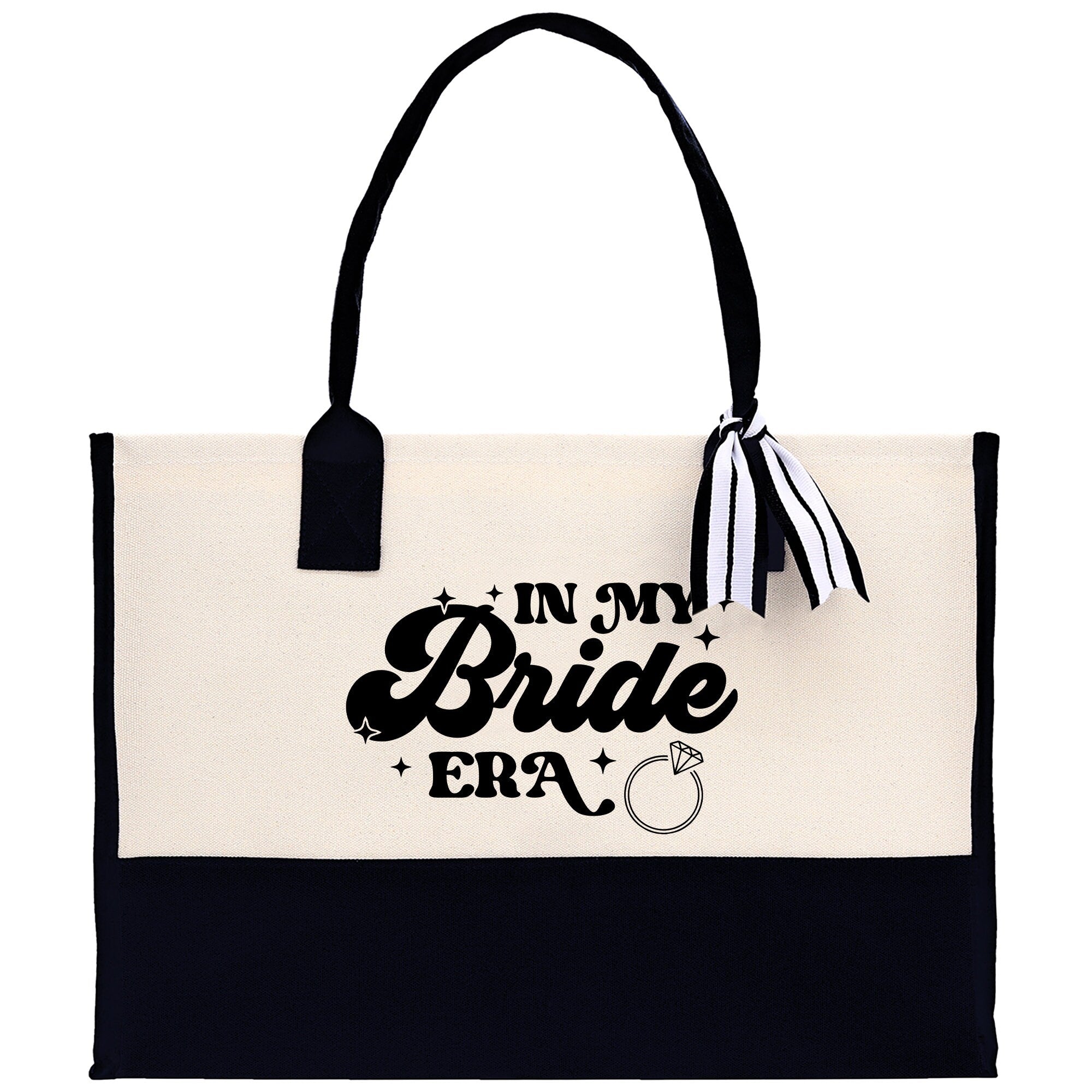 a black and white tote bag with the words in my bride era on it