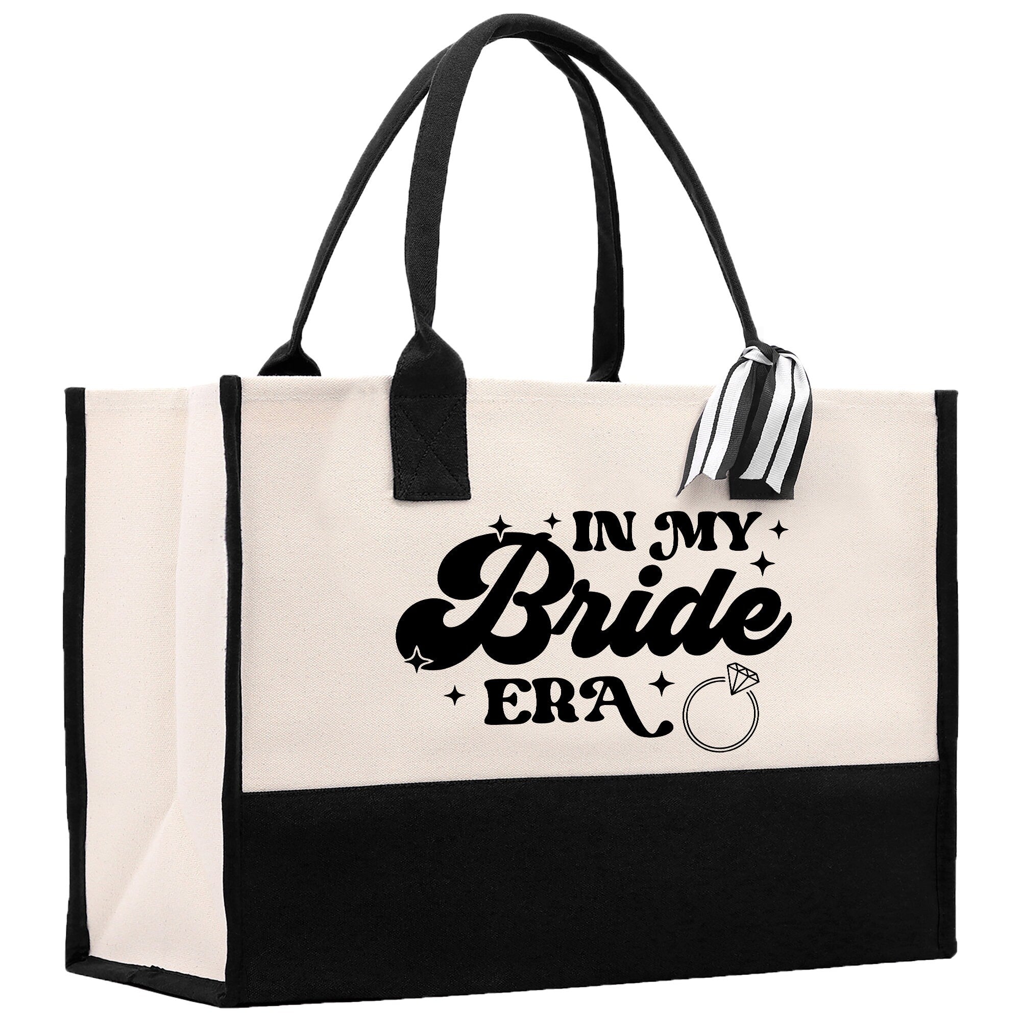 a black and white tote bag with the words in my bride era on it