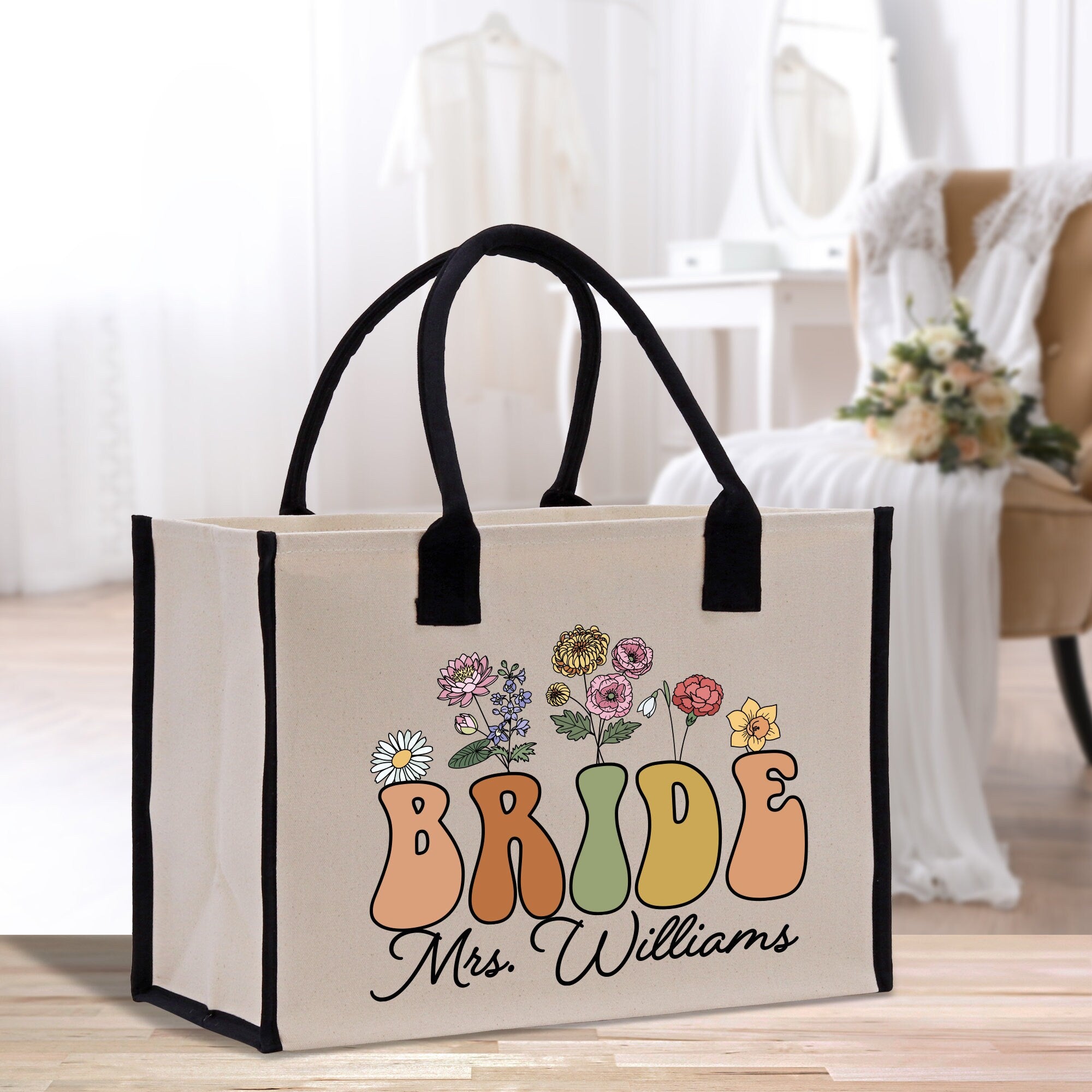 a white bag with the words bride and flowers on it