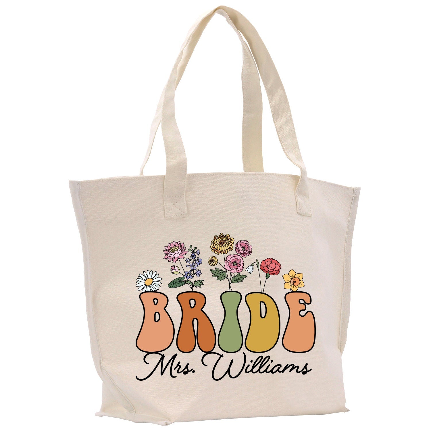 a white tote bag with the words bride and flowers on it