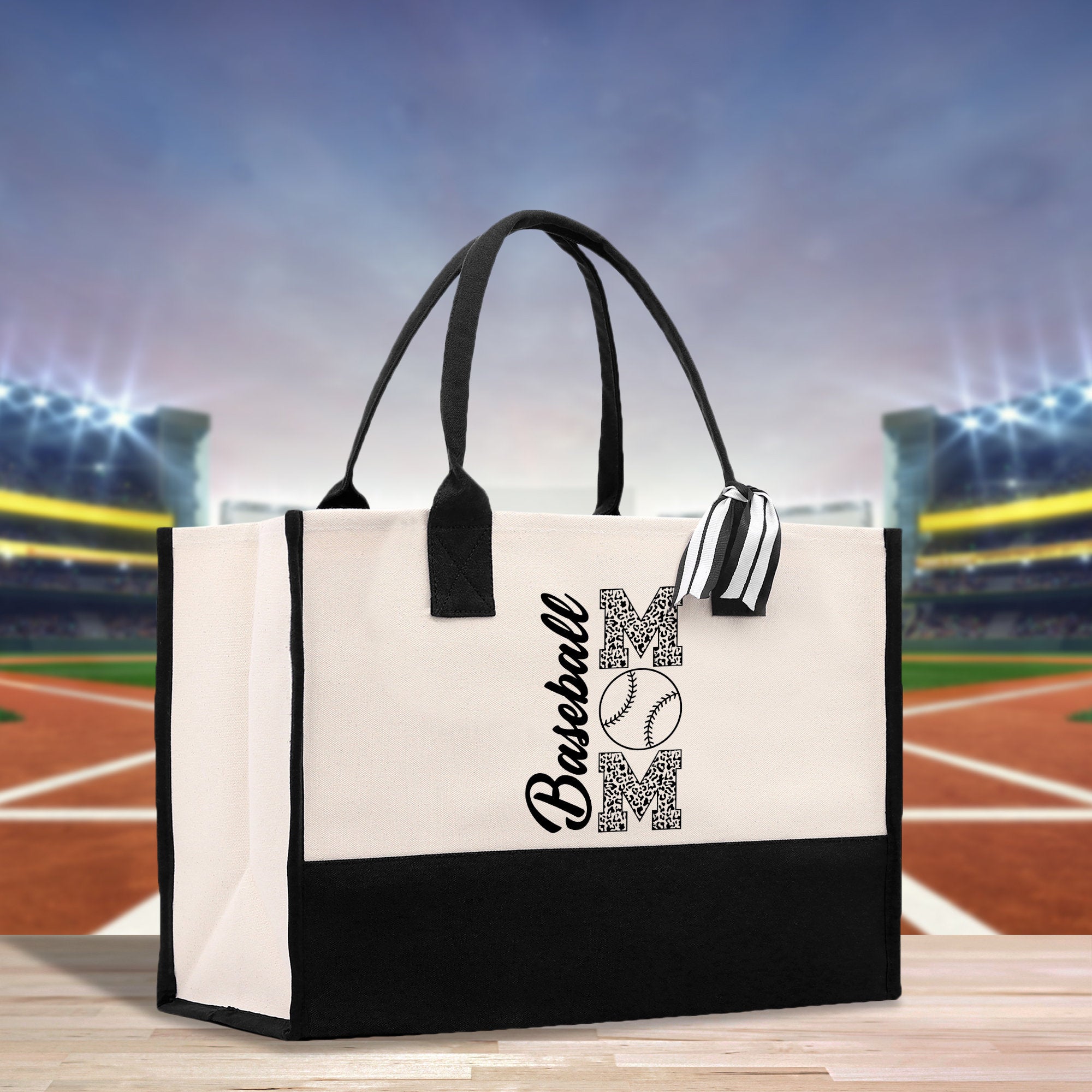 a black and white bag with a baseball on it