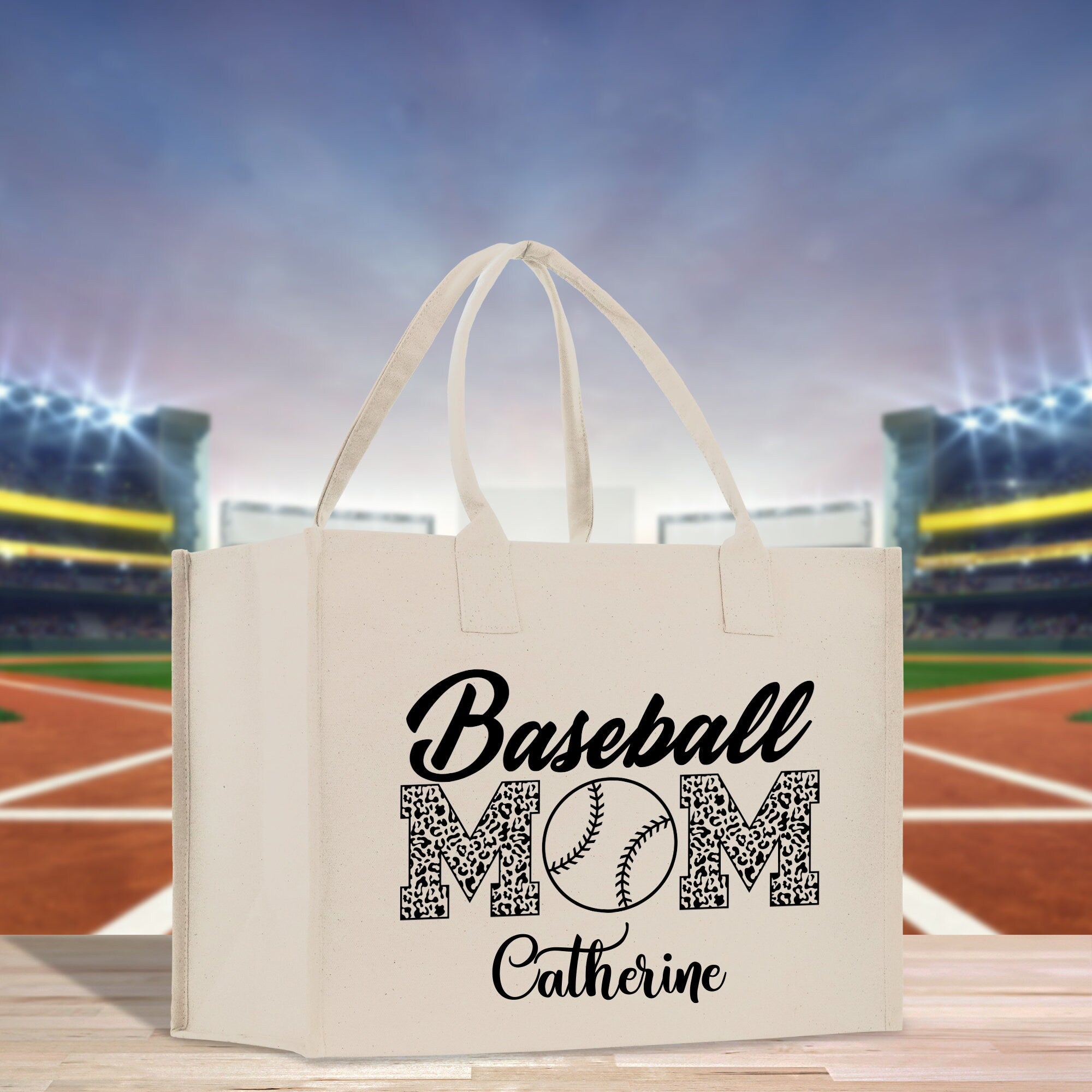 a white bag with a baseball mom on it