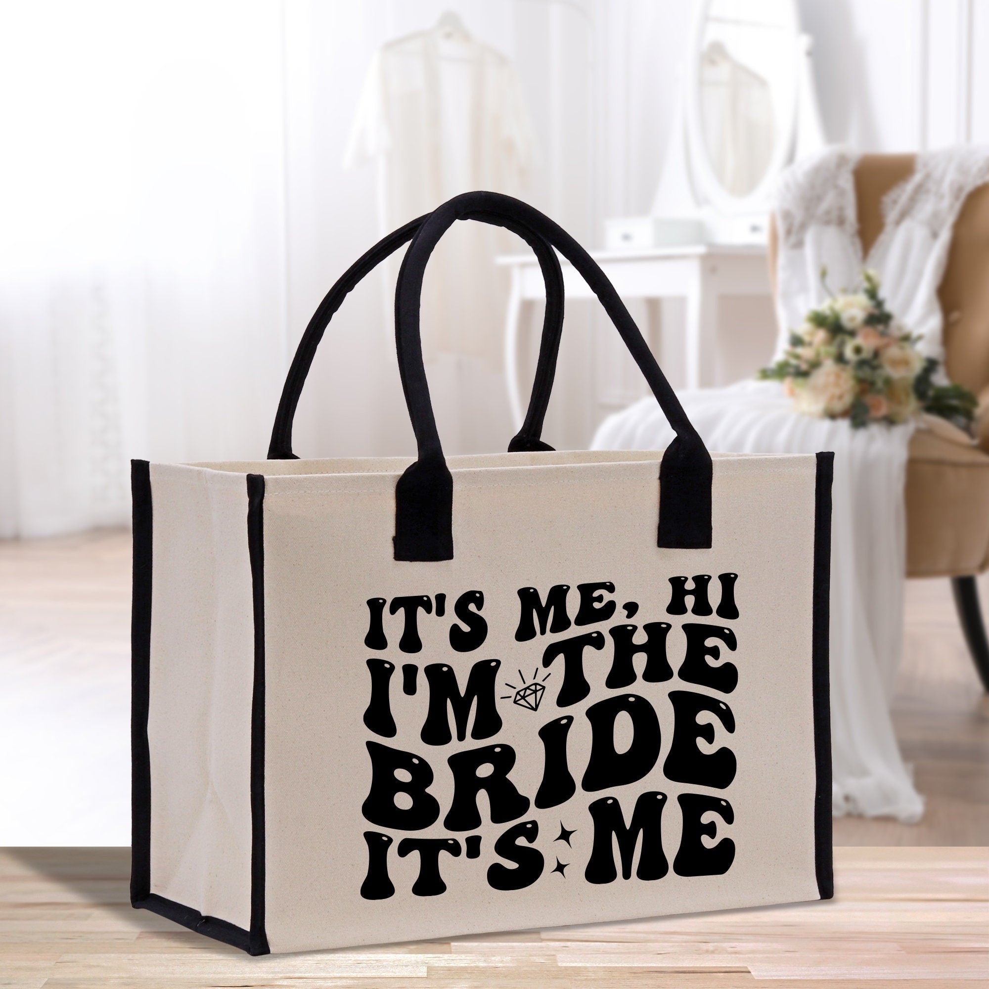 a white bag with black lettering on it