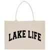 a white bag with the word lake life printed on it