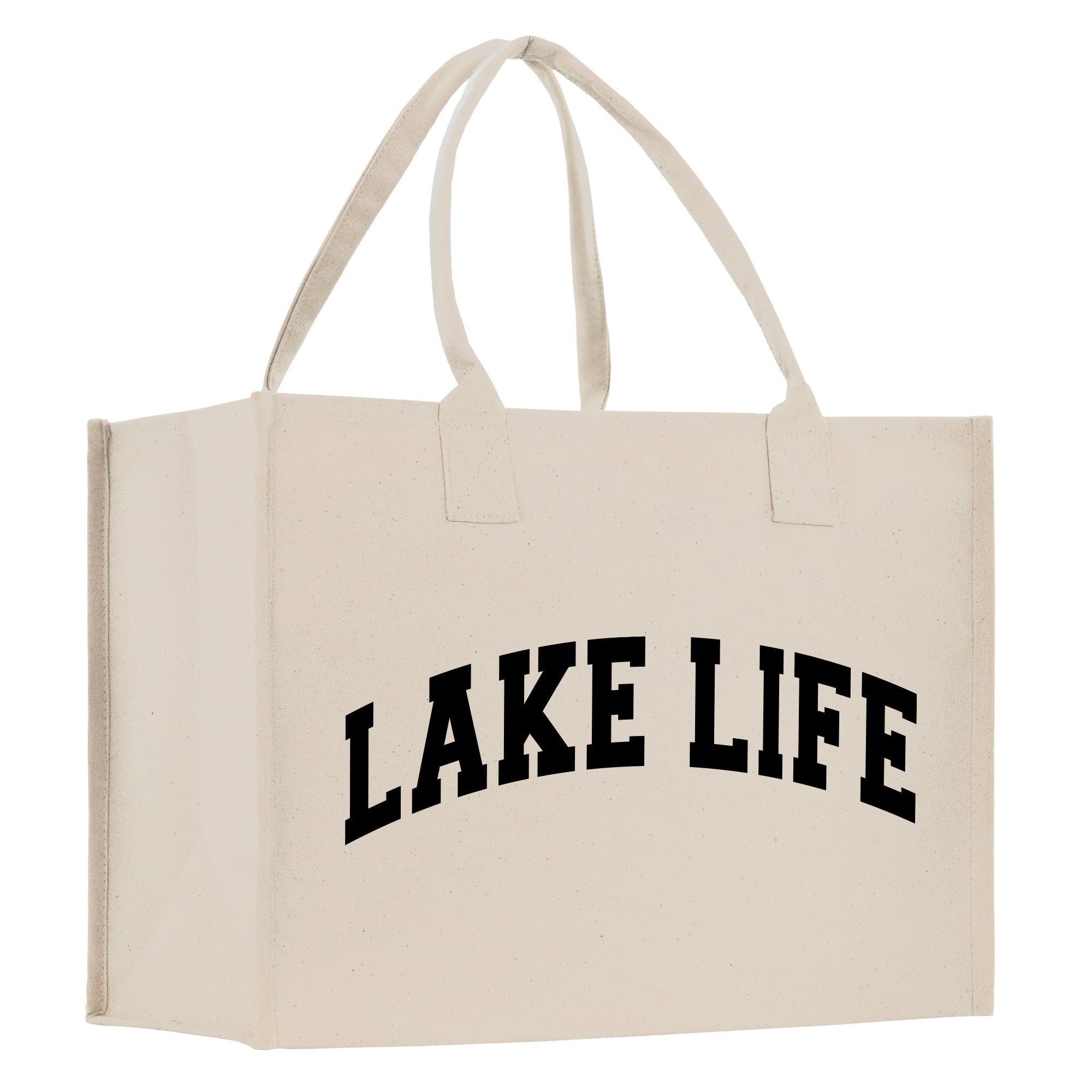 a white bag with the word lake life printed on it