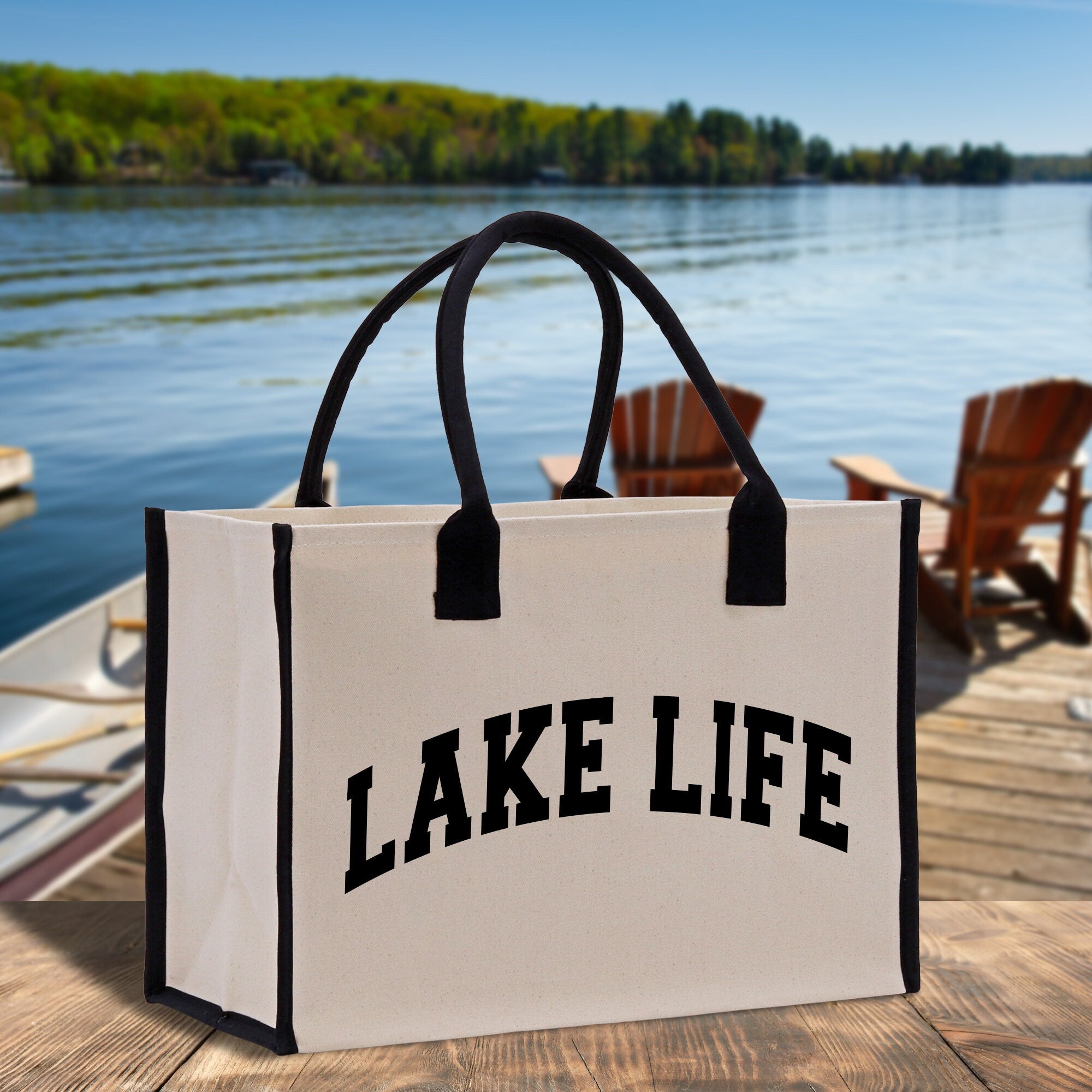 a lake life bag sitting on a dock