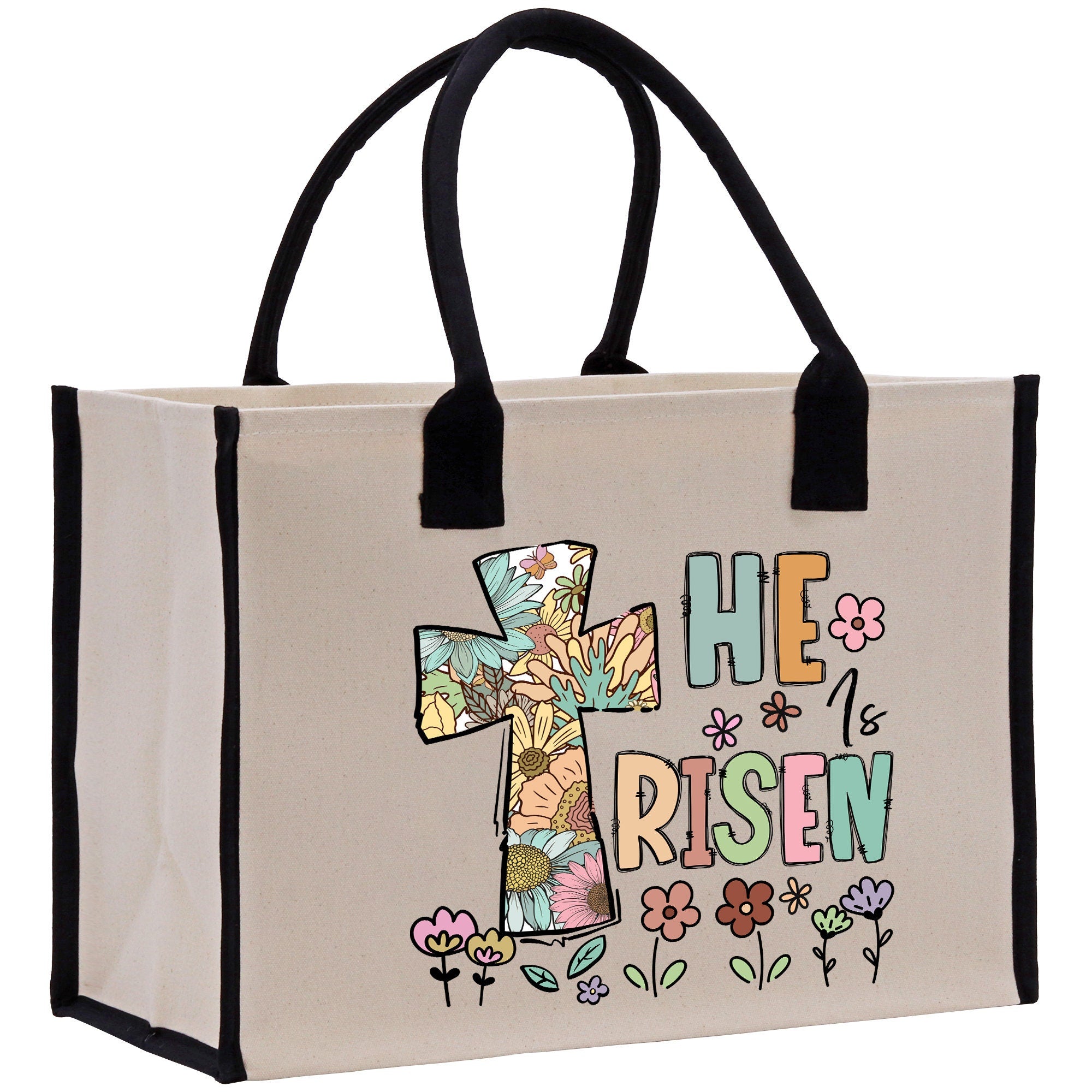 a canvas bag with a cross on it