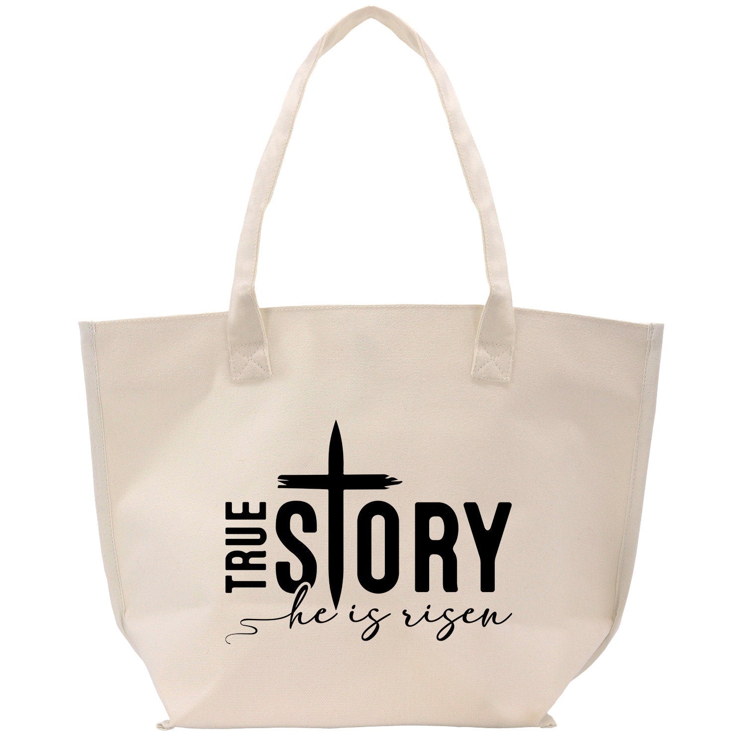 a white tote bag with the words true story on it