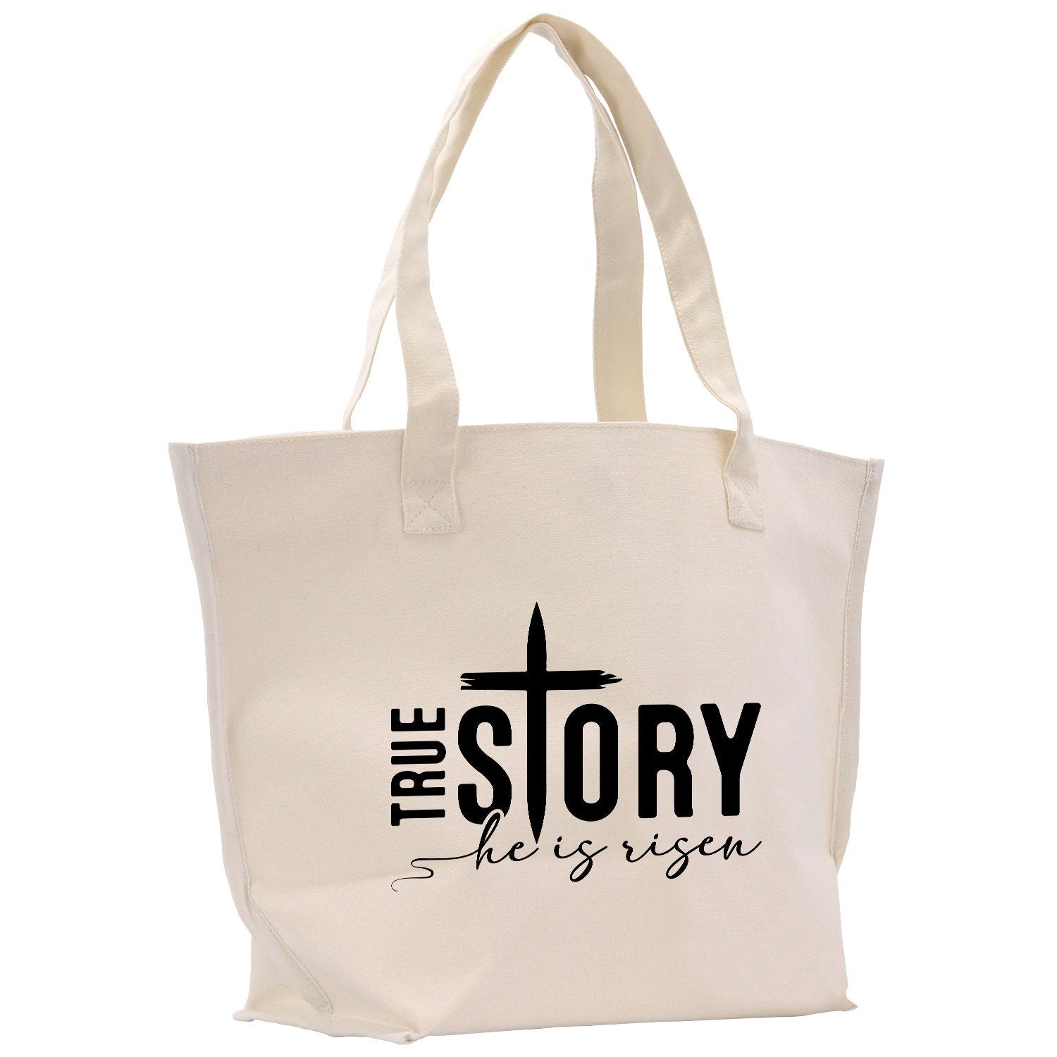 a white tote bag with the words true story on it