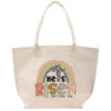 a white tote bag with a rainbow on it