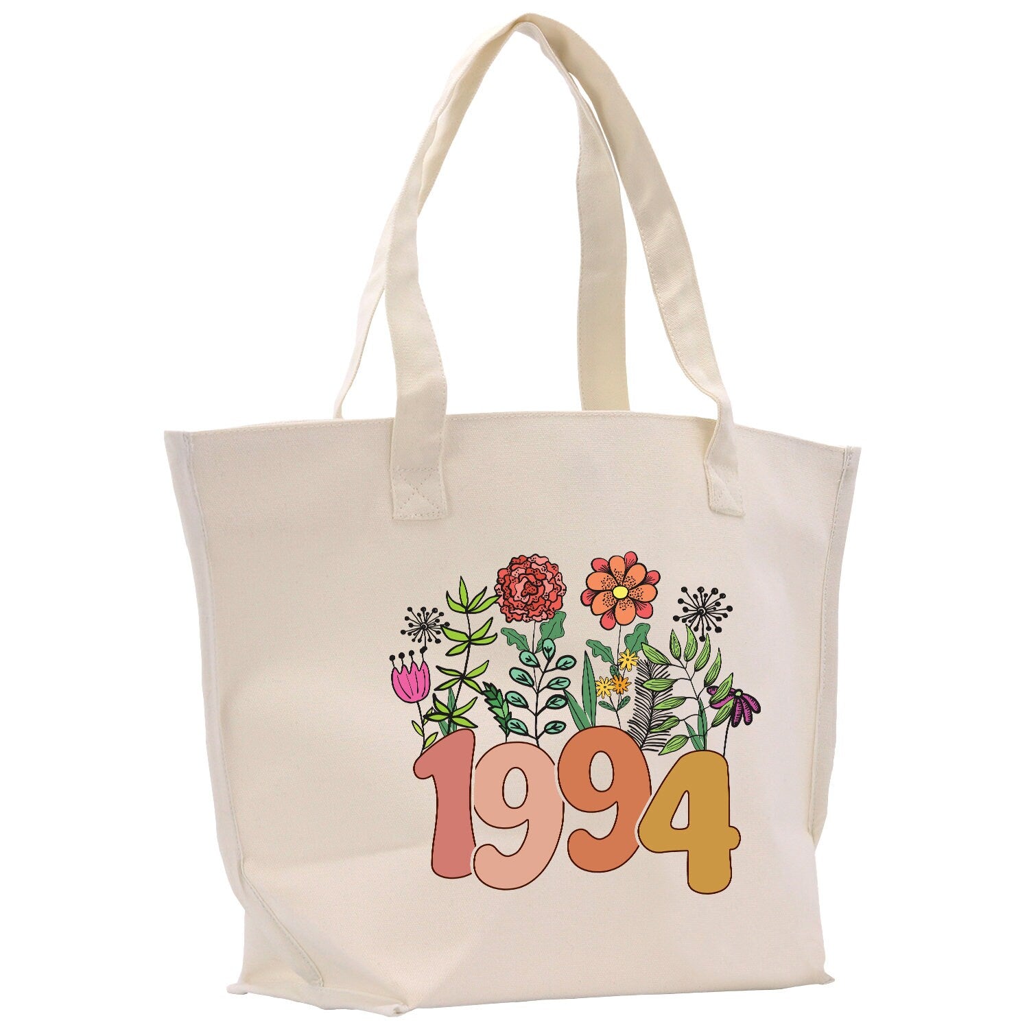 a white tote bag with flowers and the year 1994 printed on it
