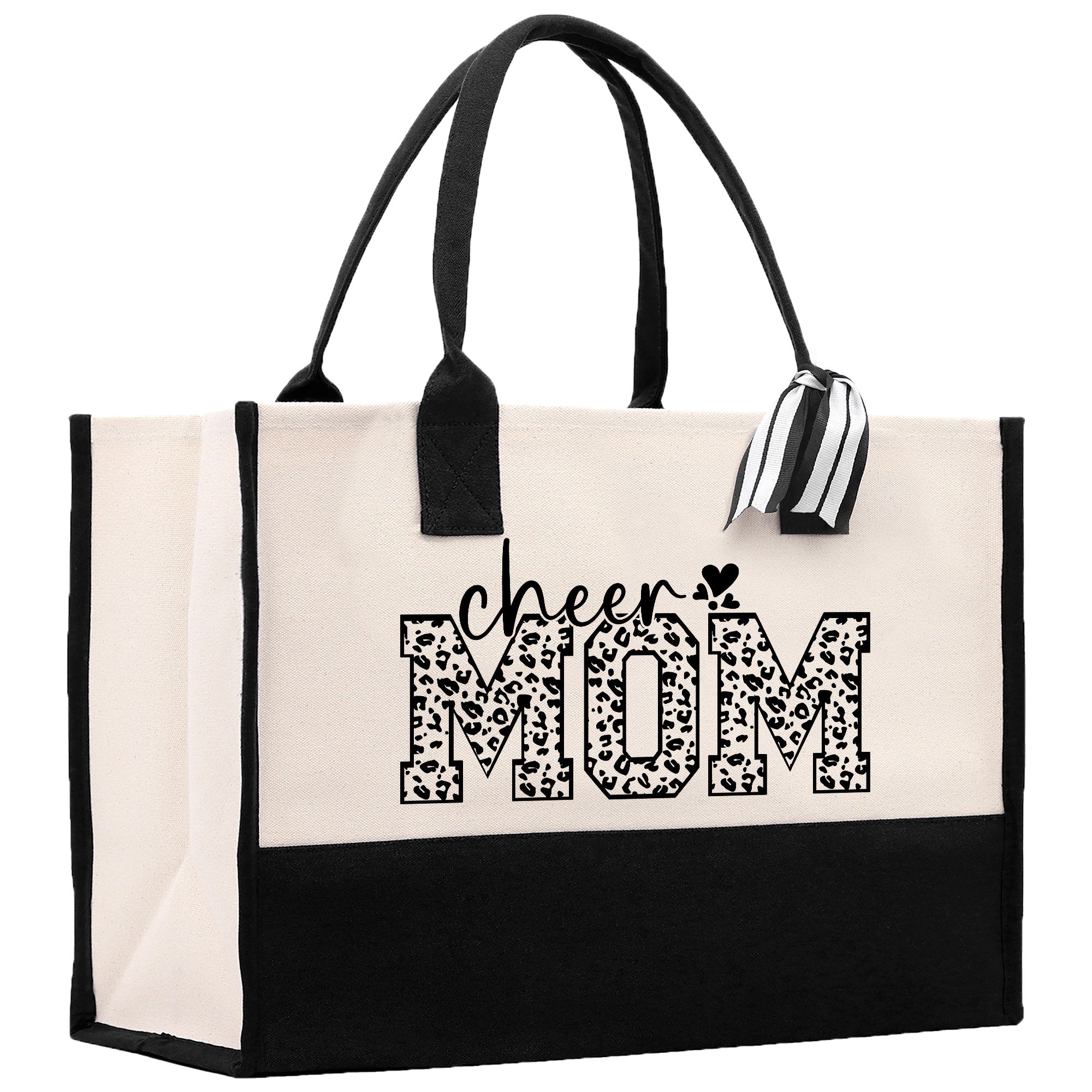 a black and white tote bag with the word cheer mom printed on it