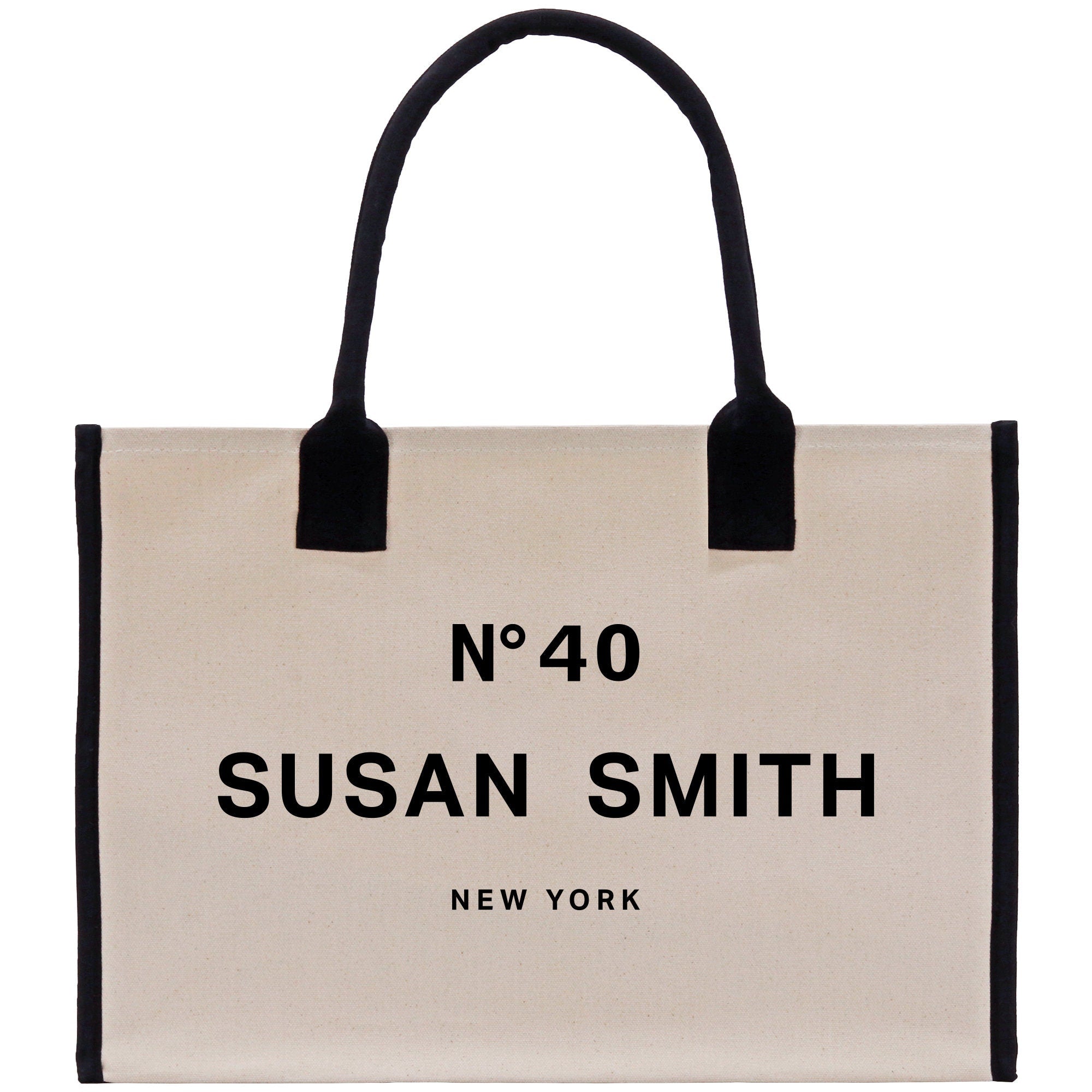 a tote bag with a black and white label on it