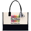 a black and white bag with a colorful crayons on it