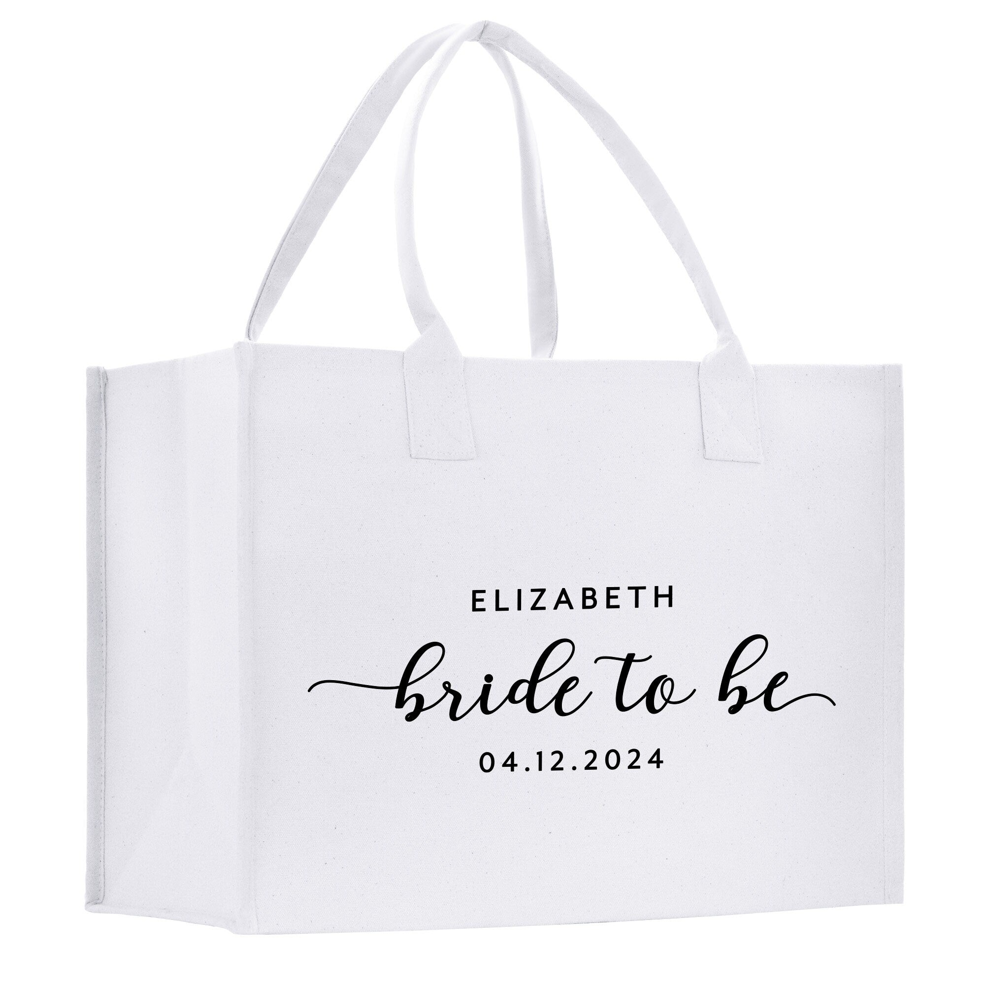 a white bag with a bride to be printed on it