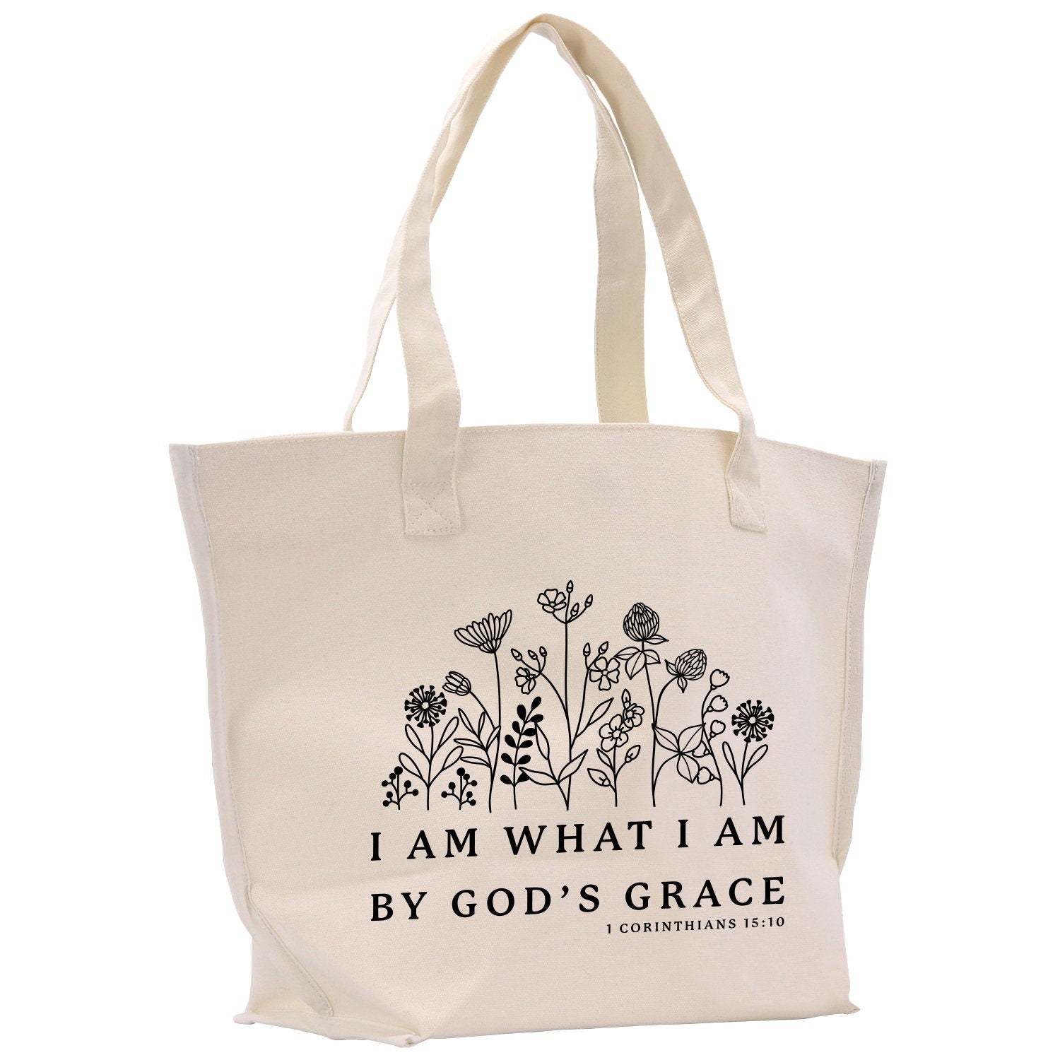 a white tote bag with a picture of flowers on it