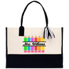 a black and white tote bag with colored pencils on it
