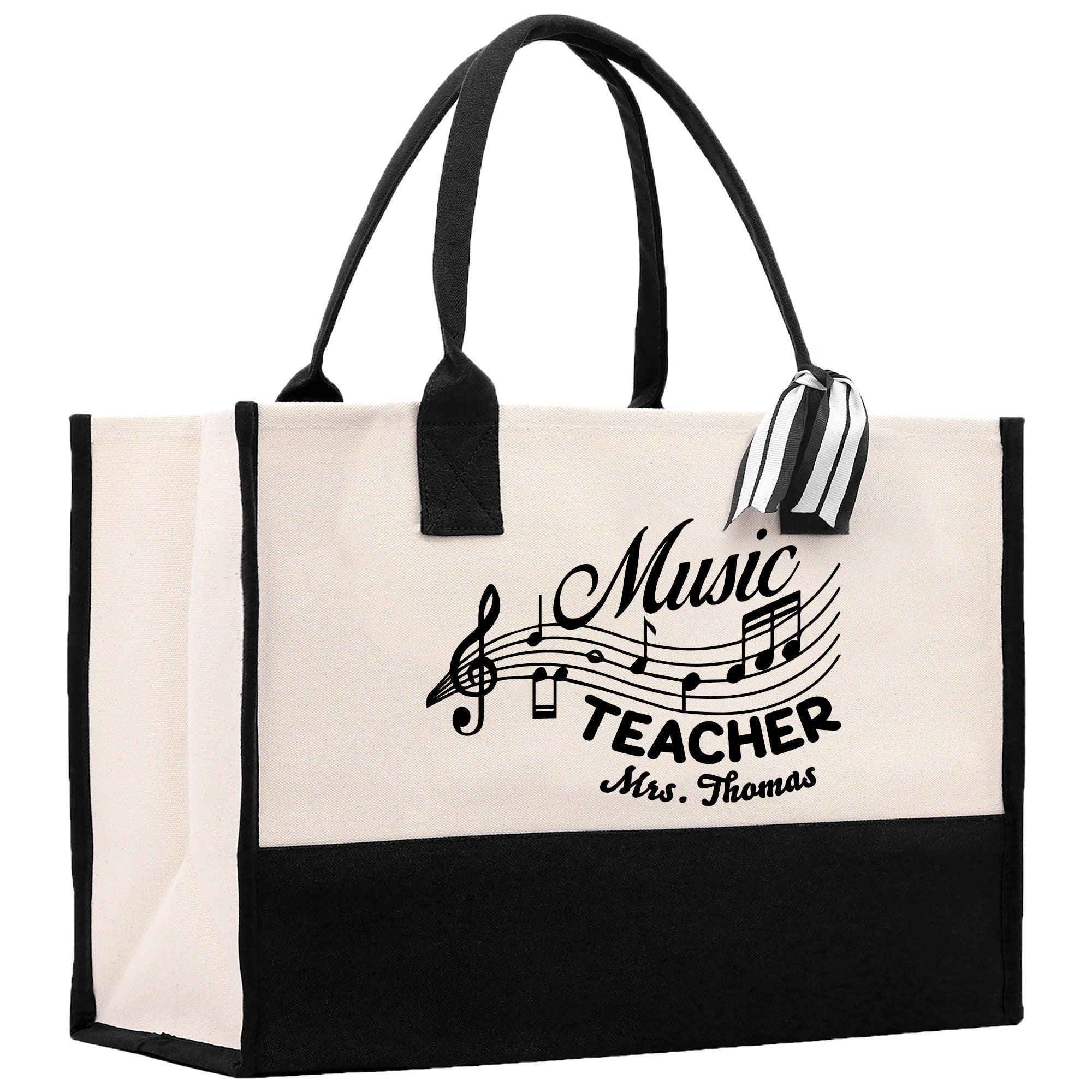 a black and white bag with music teacher on it