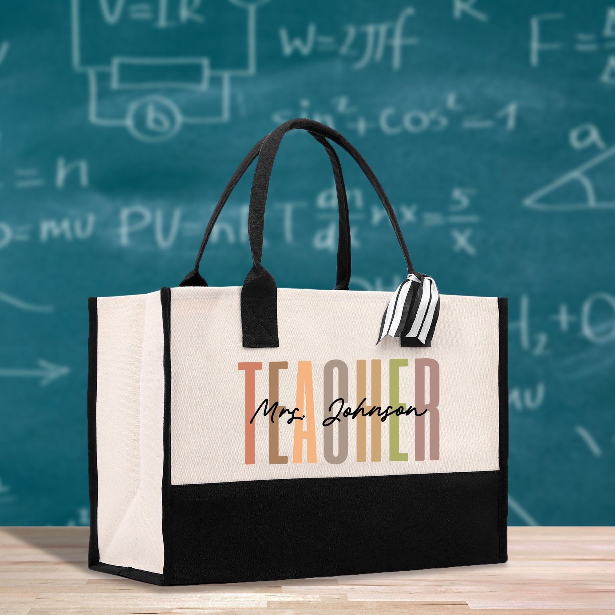 a teacher bag sitting on a table in front of a chalkboard
