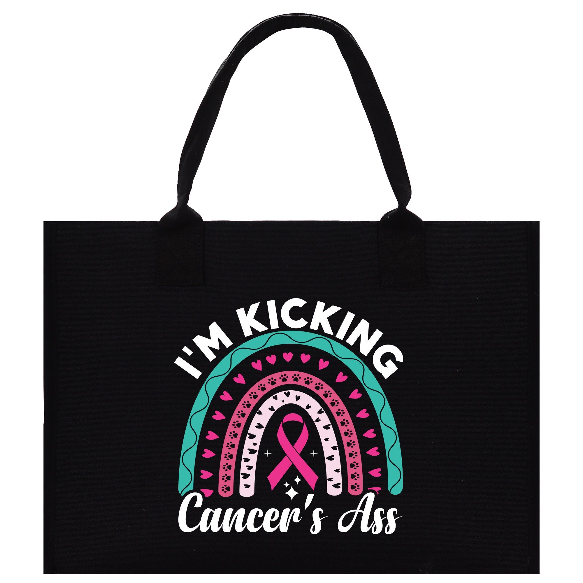 a black shopping bag with a pink ribbon on it