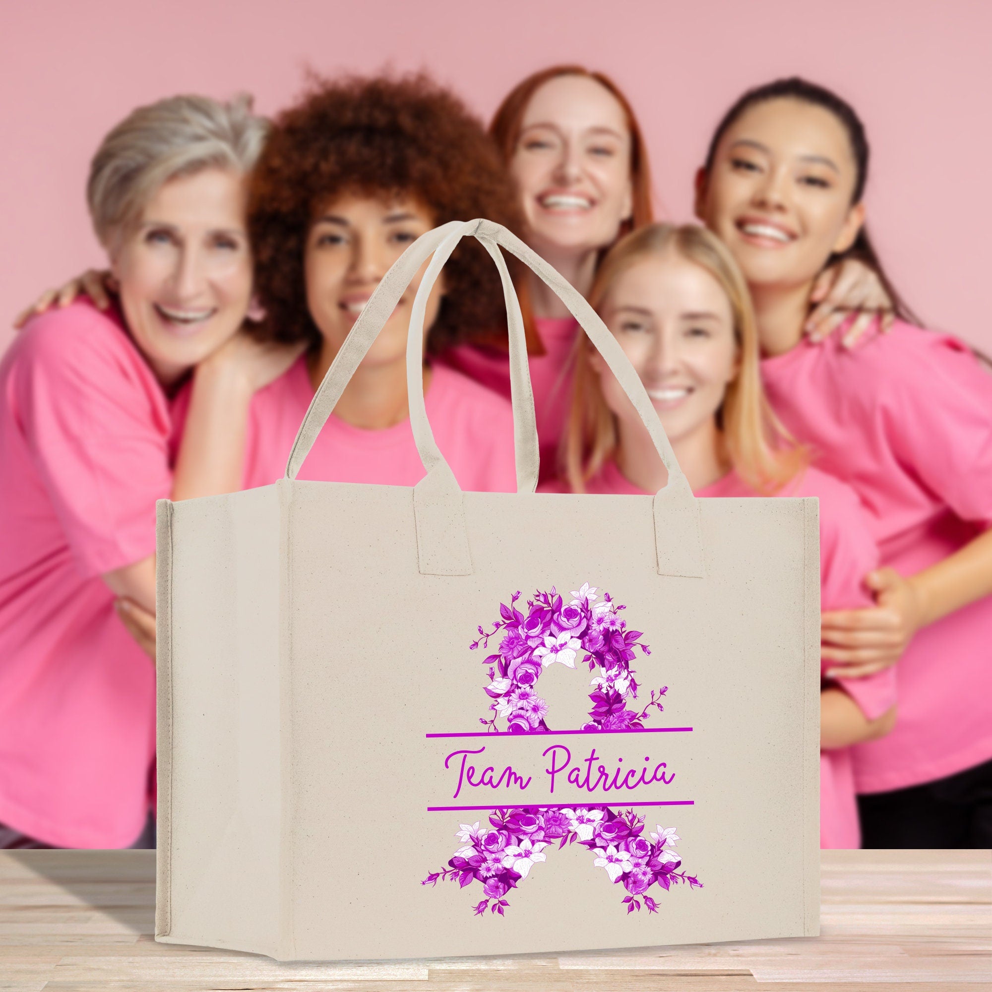 a group of women standing next to each other holding a shopping bag