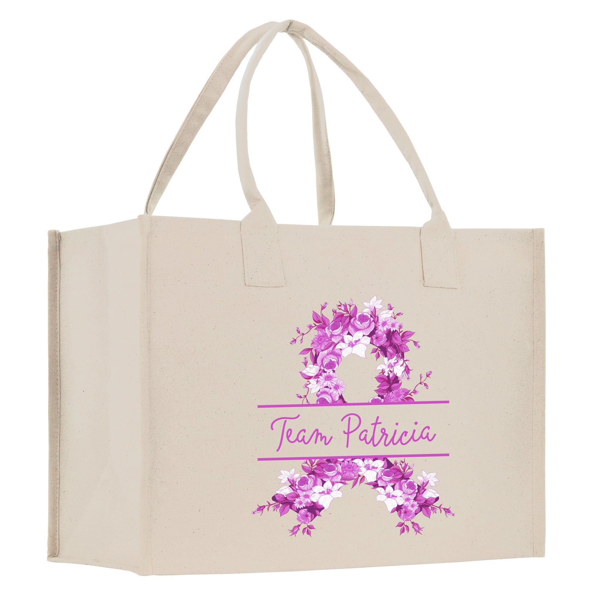 a white bag with purple flowers on it