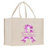 a white bag with purple flowers on it