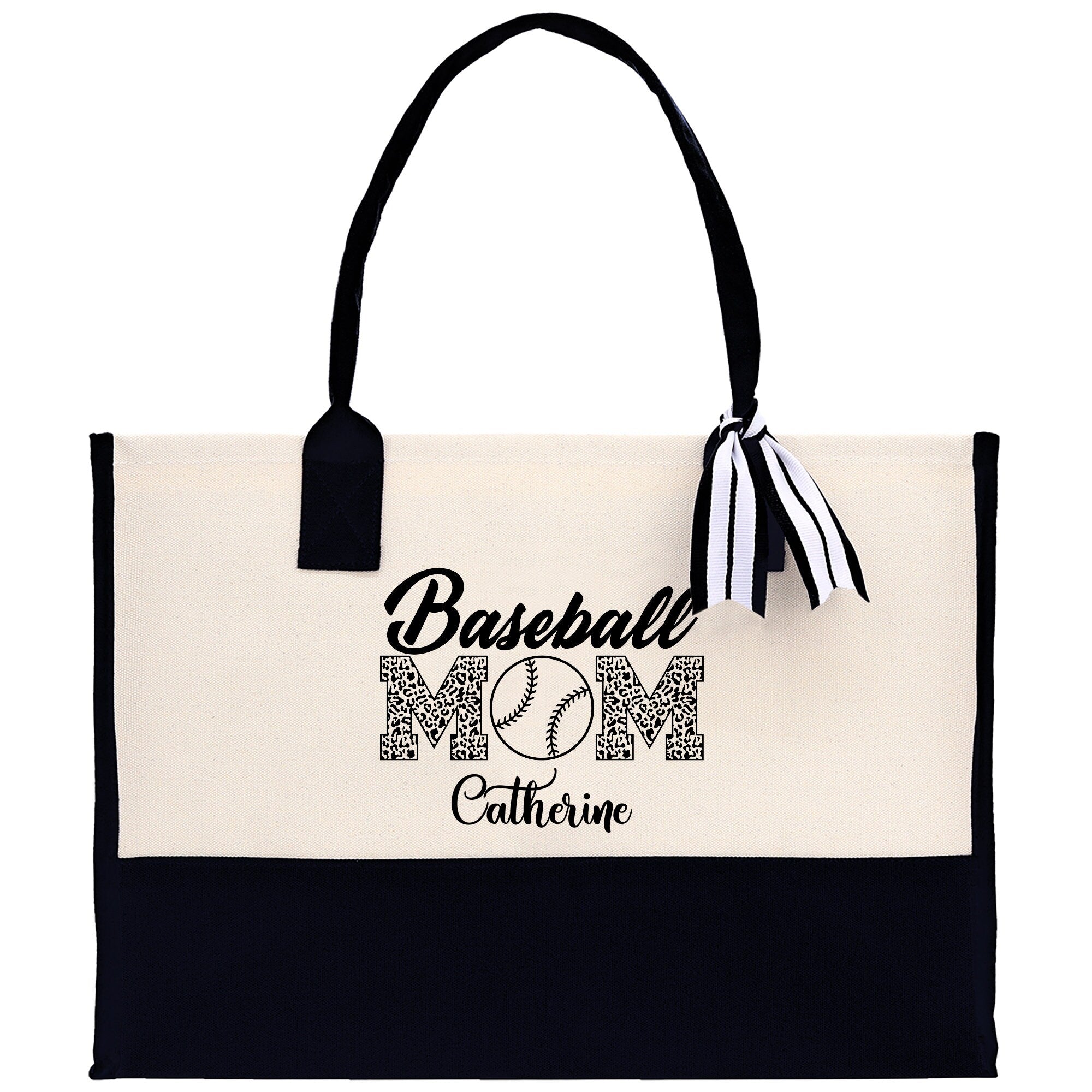 a black and white bag with a baseball mom on it