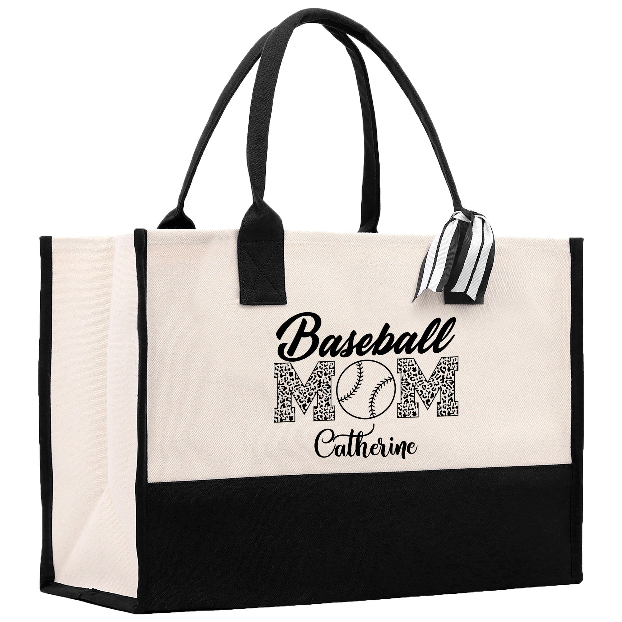 a black and white bag with a baseball mom on it