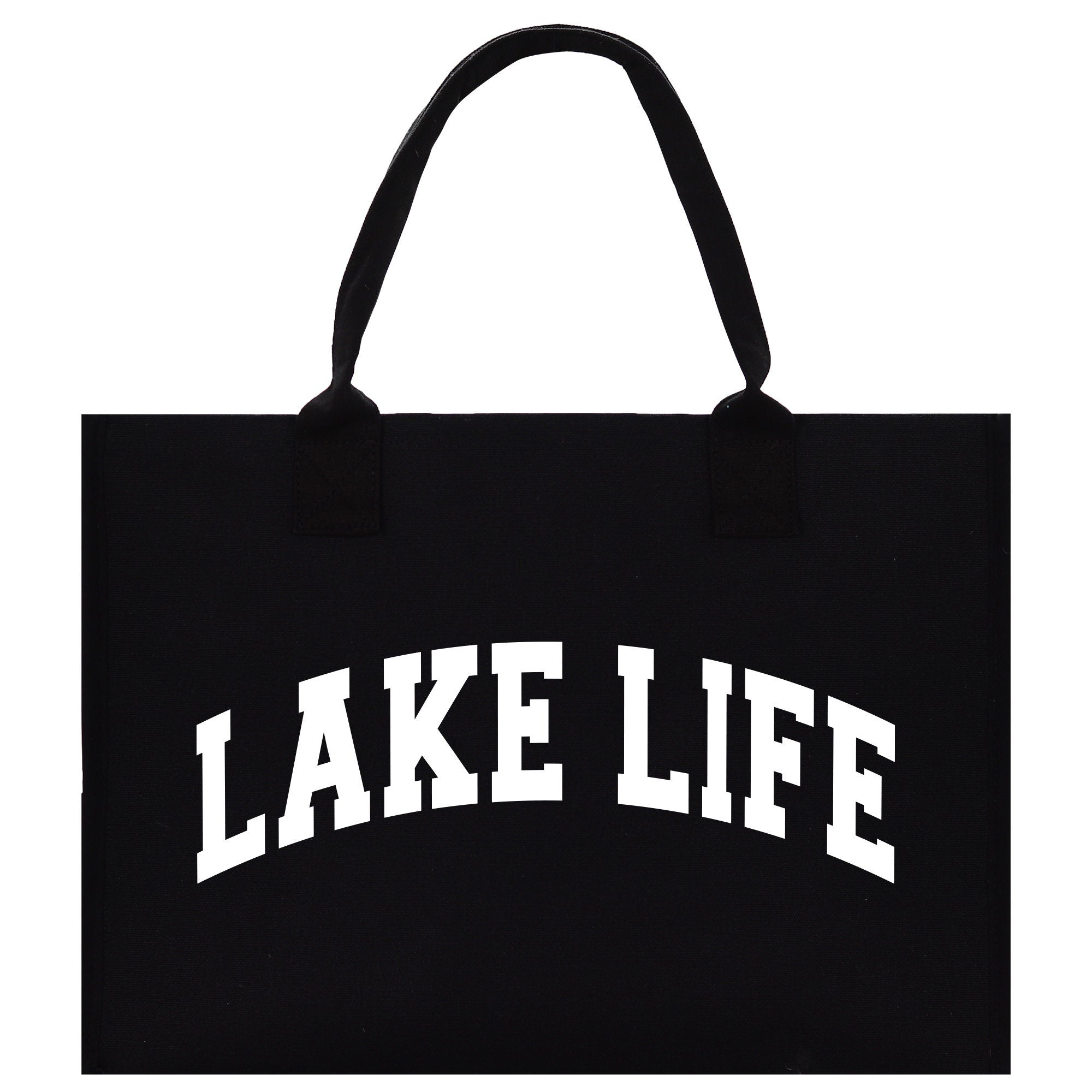 a black bag with the word lake life printed on it