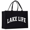 a black bag with a white lake life on it