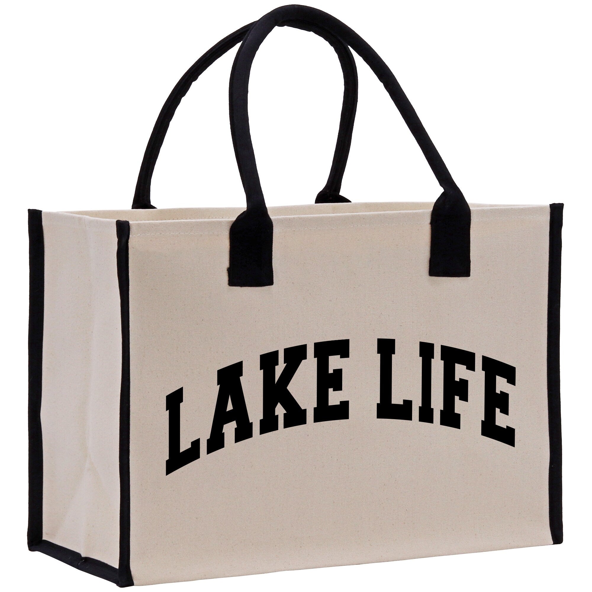a white bag with black handles and a lake life logo on it