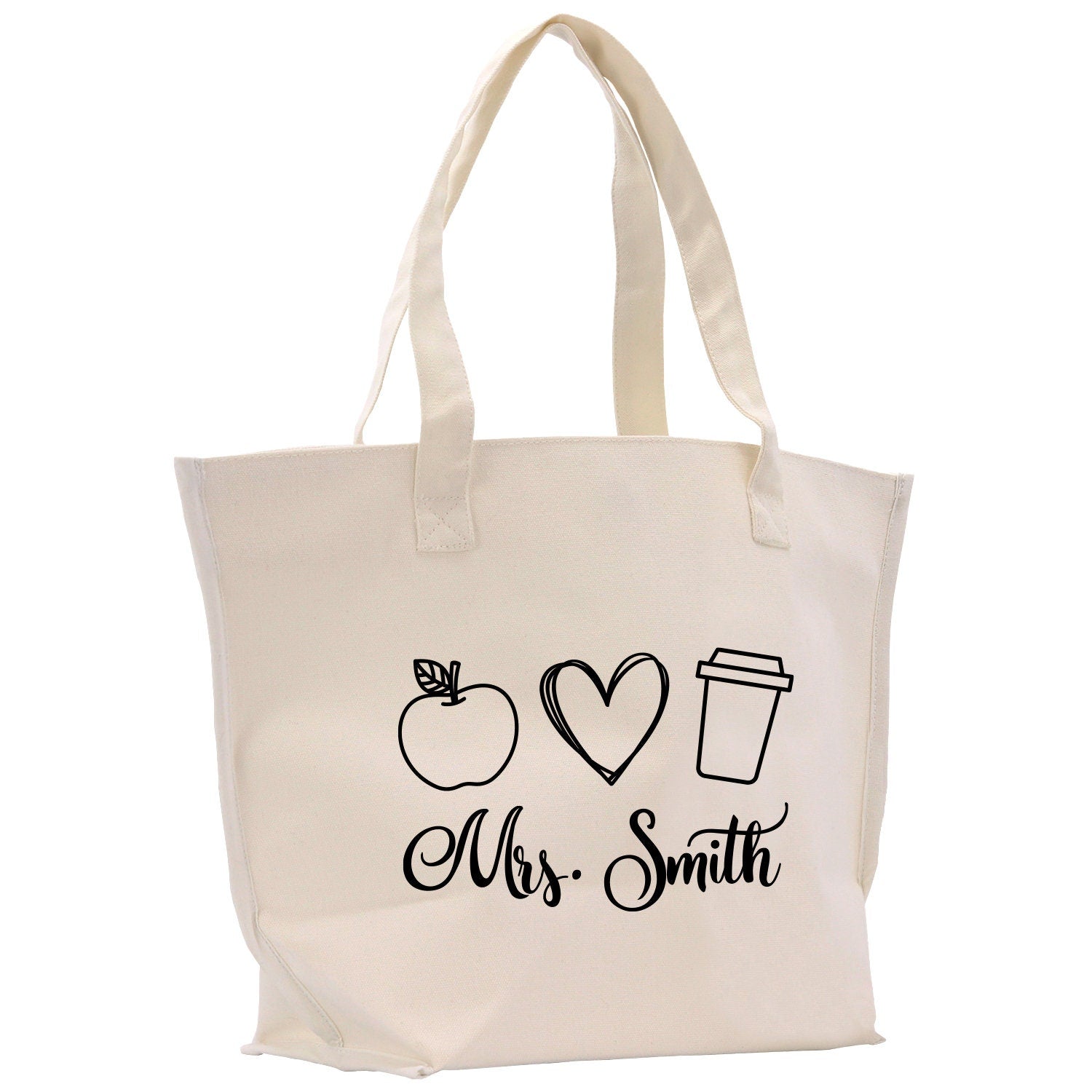 a tote bag with a picture of an apple, a cup, and a