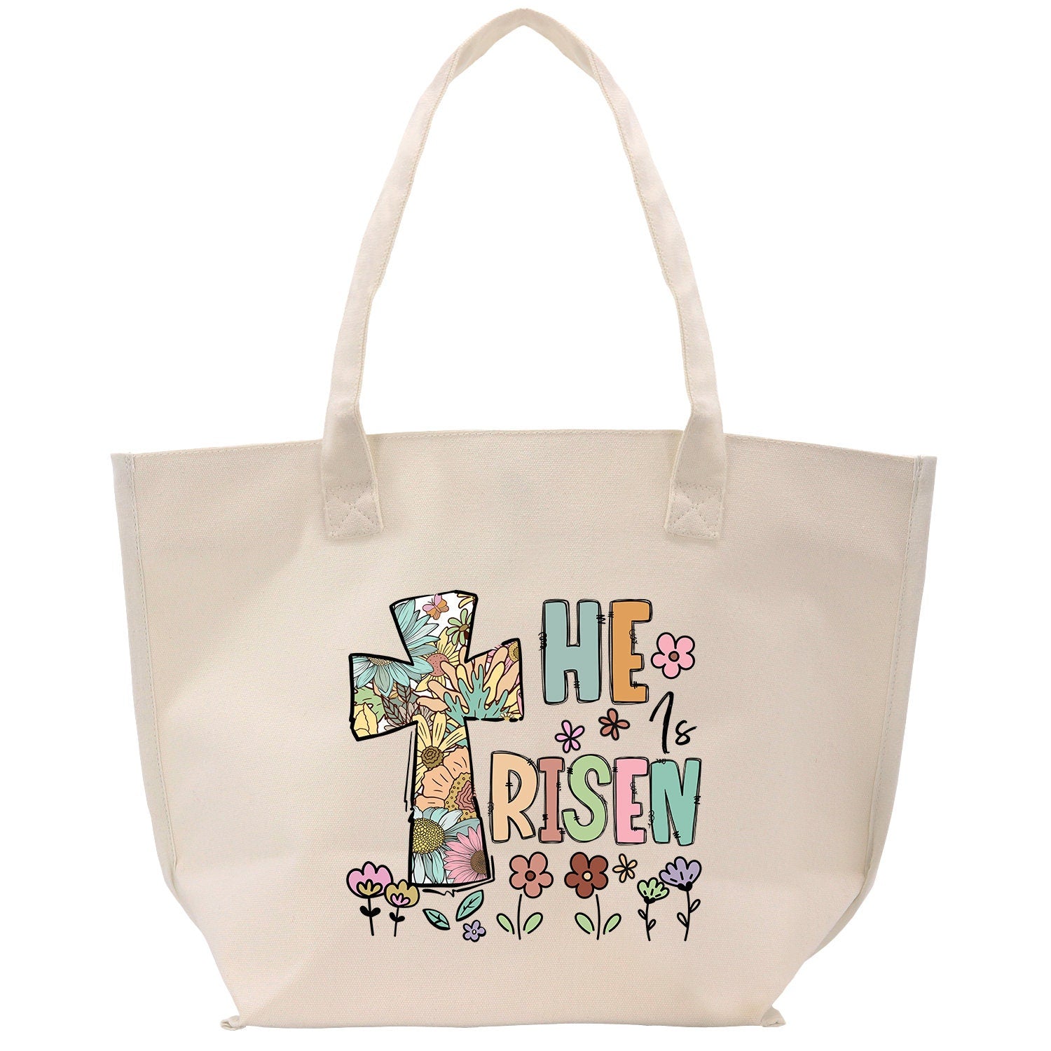 a white bag with a cross and flowers on it