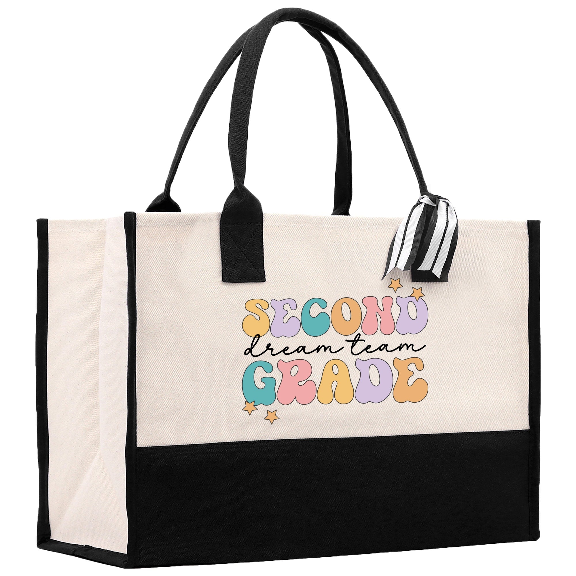 a black and white tote bag with the words second grade on it