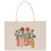 a white shopping bag with flowers and the number 1994 printed on it