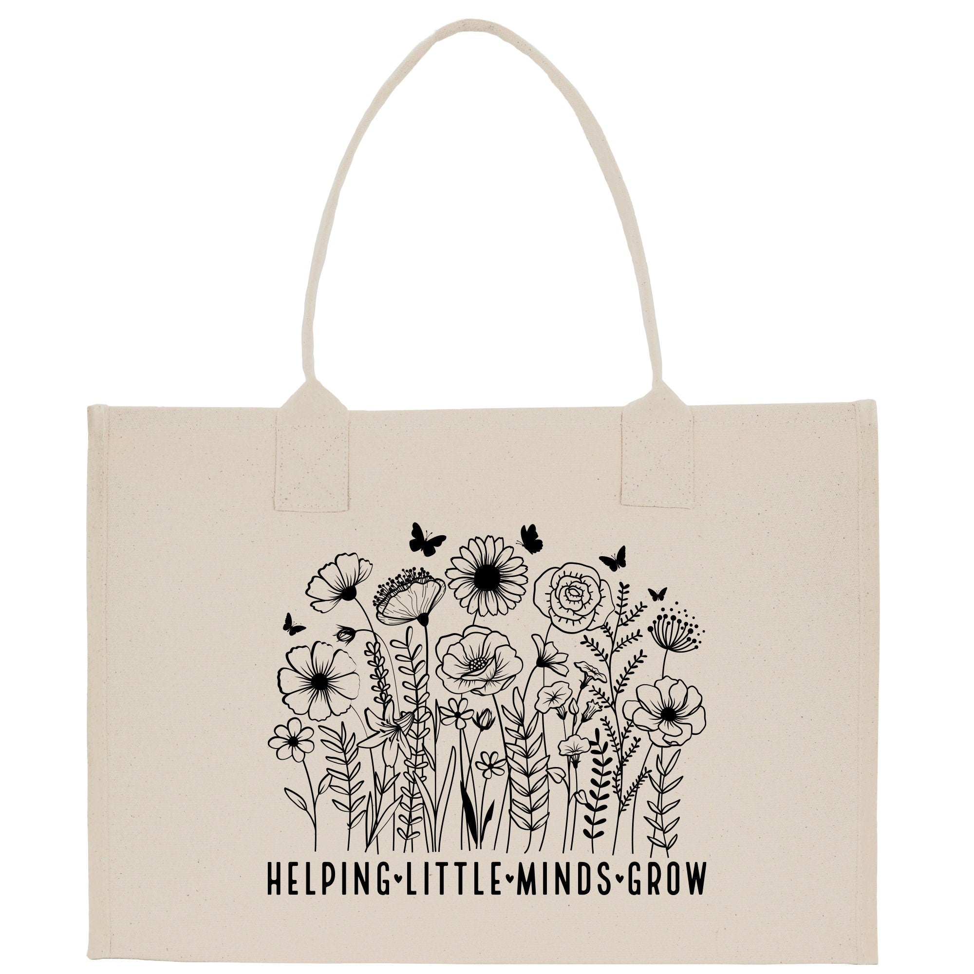a canvas bag with a drawing of flowers and butterflies