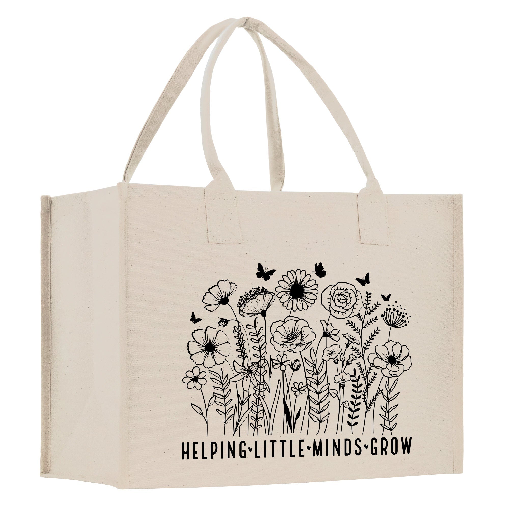 a white shopping bag with a drawing of flowers