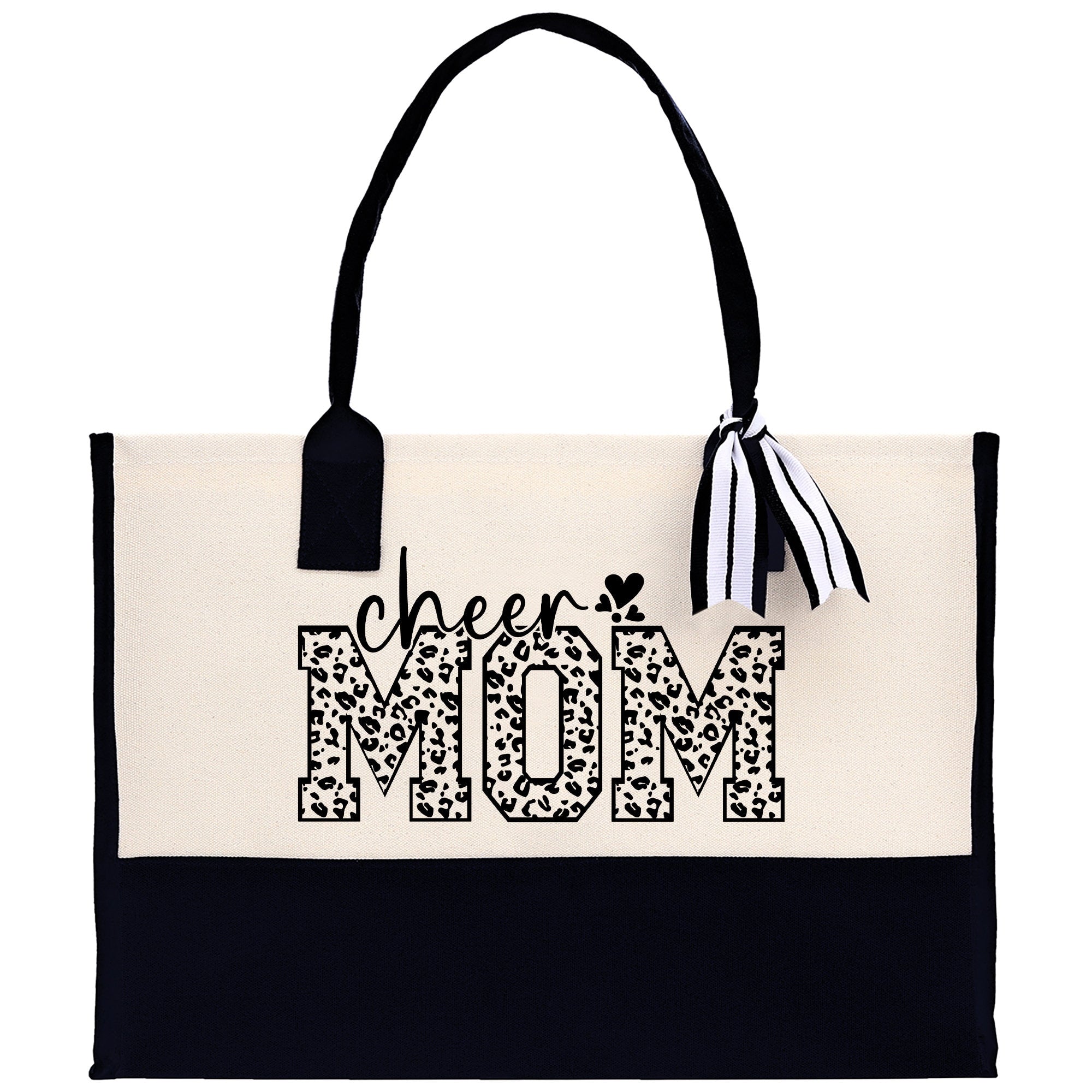 a black and white tote bag with the word&#39;cheer mom&#39;printed on