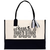 a black and white tote bag with the word'cheer mom'printed on