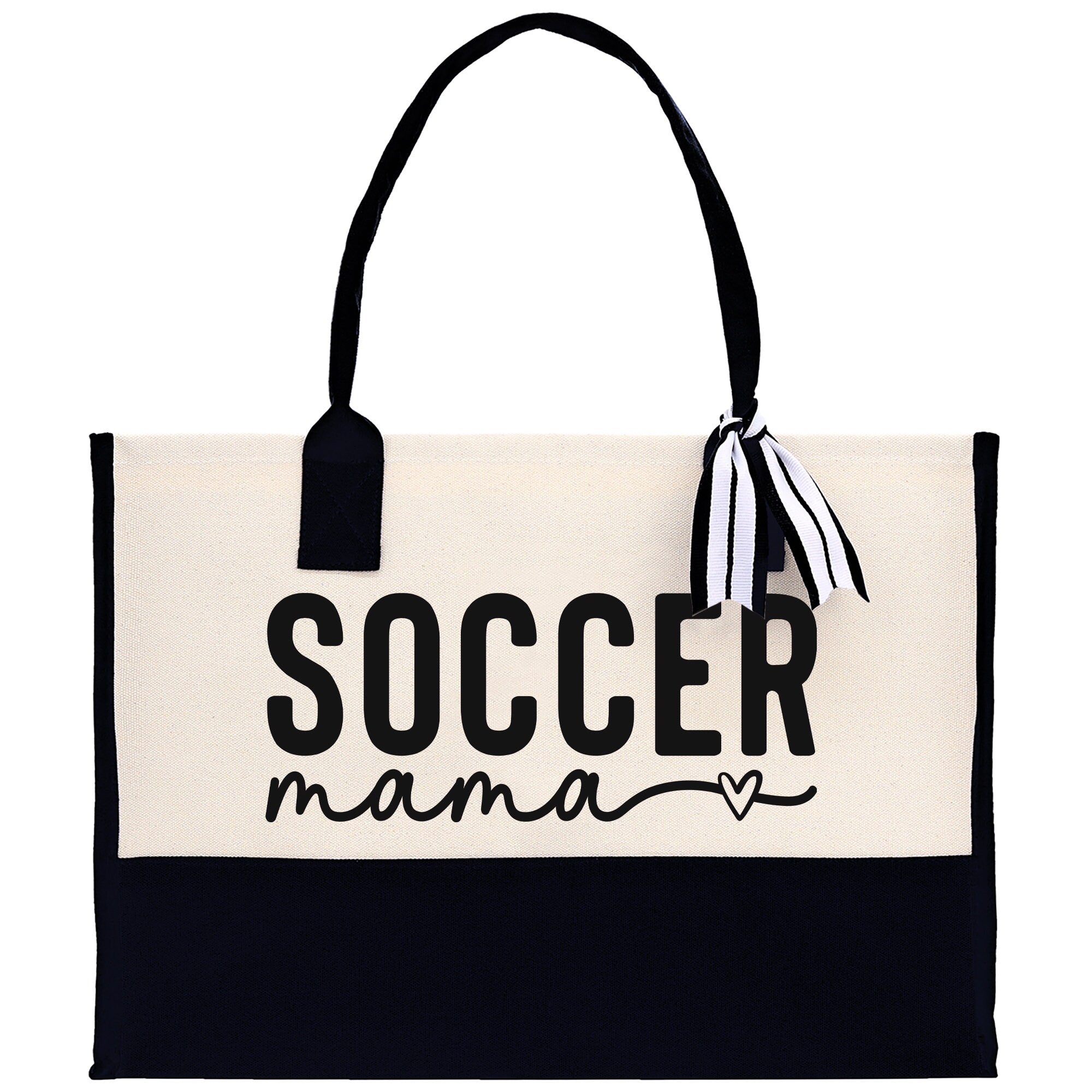 a black and white bag with the word soccer mama on it