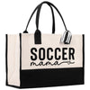 a black and white bag with a soccer mama on it