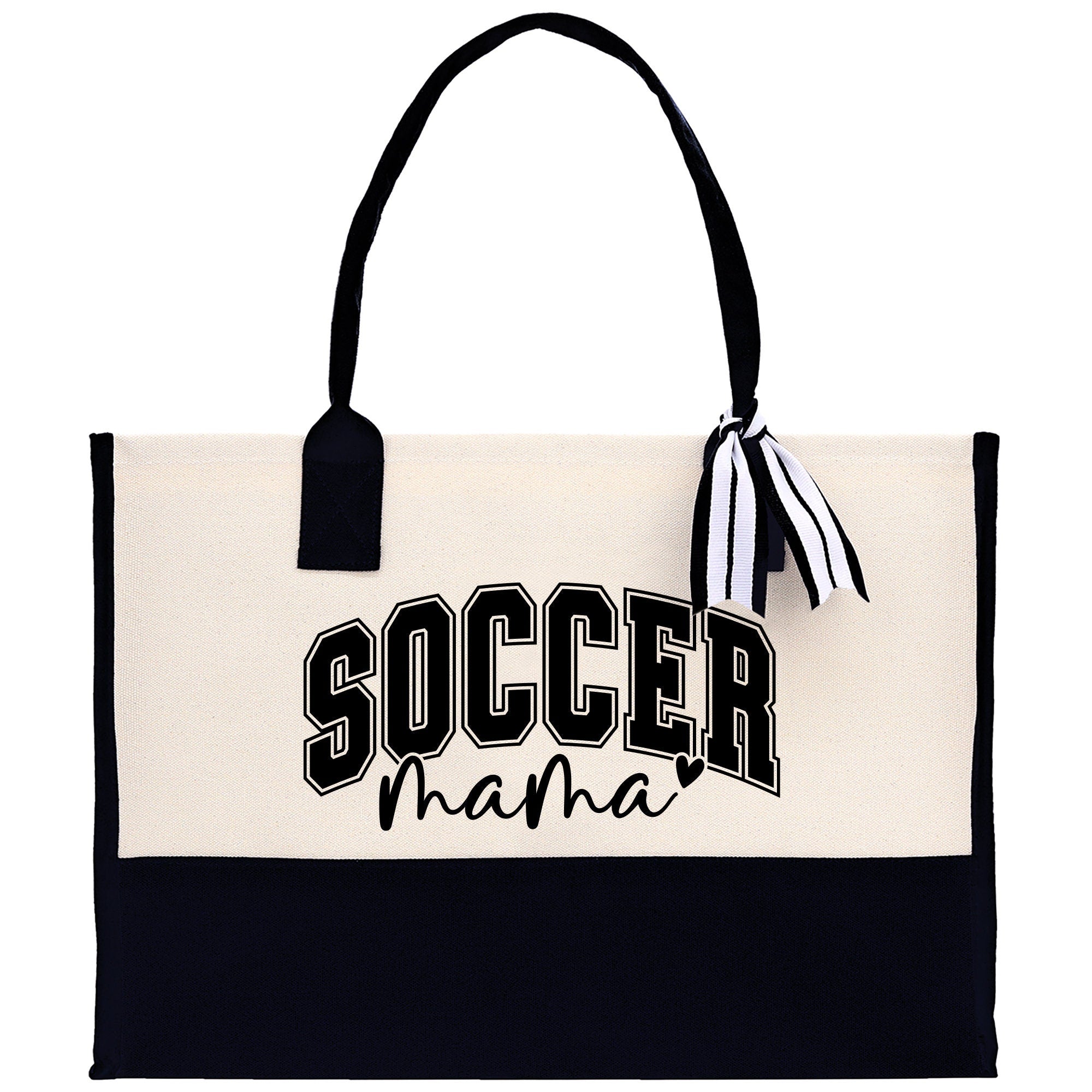 a black and white bag with a soccer mama on it