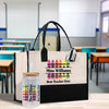 a bottle of milk and a tote bag in a classroom