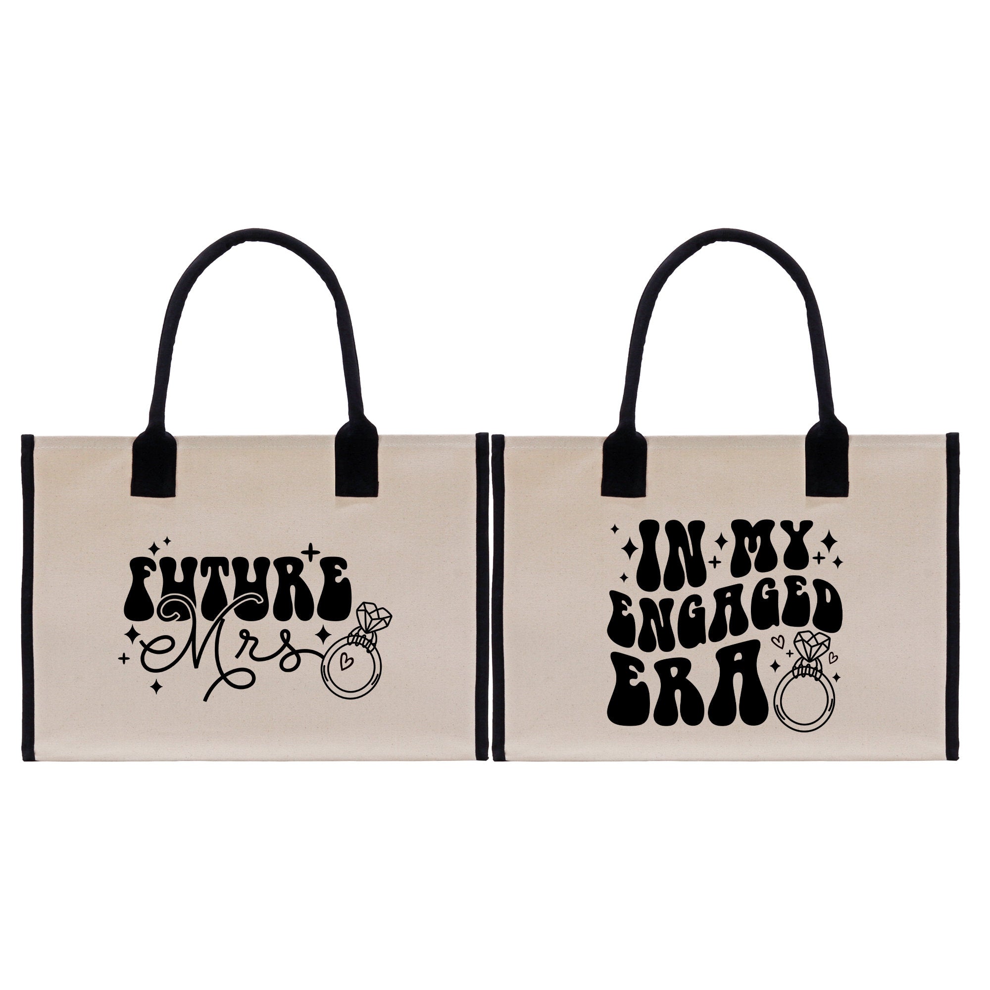 two black and white bags with words on them