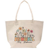 a white tote bag with a picture of flowers on it