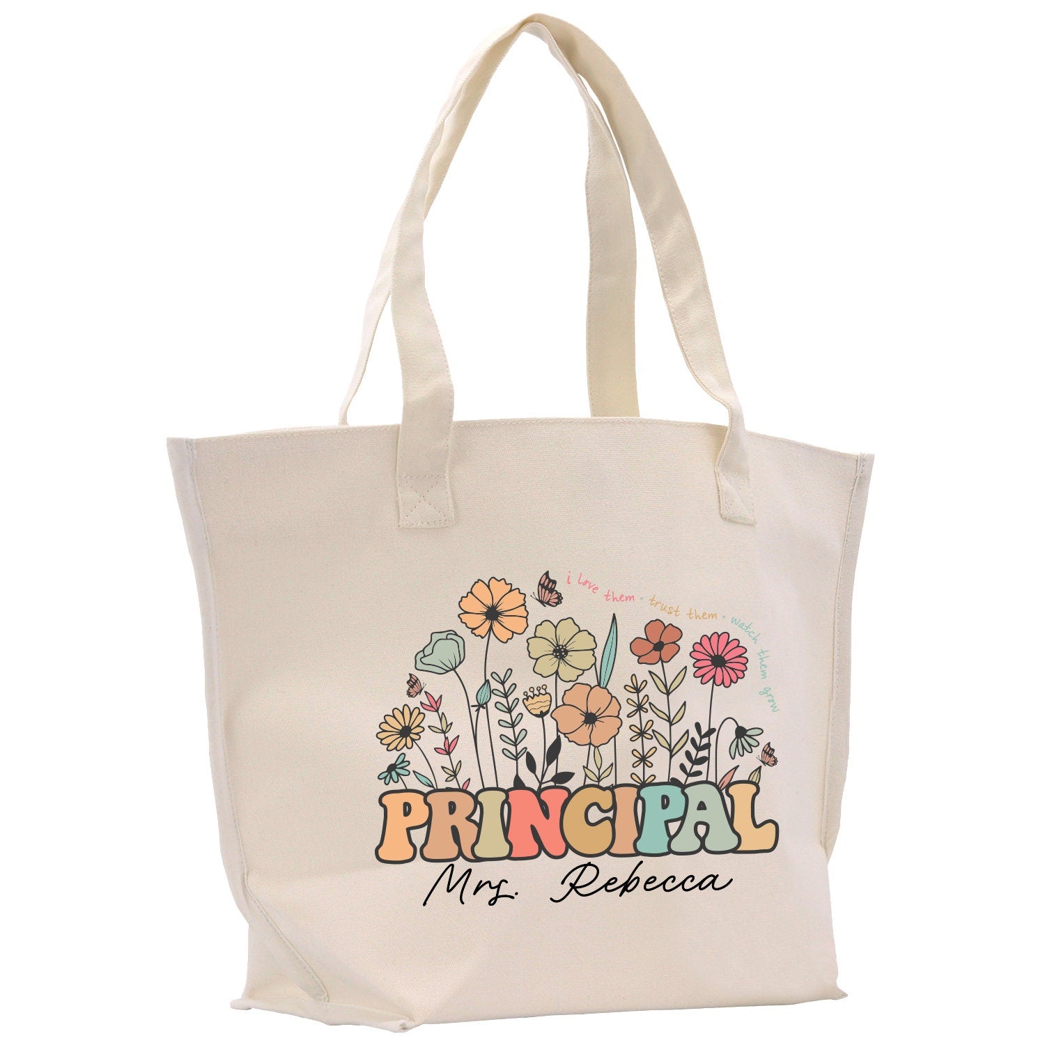 a white shopping bag with a picture of a bunch of flowers on it