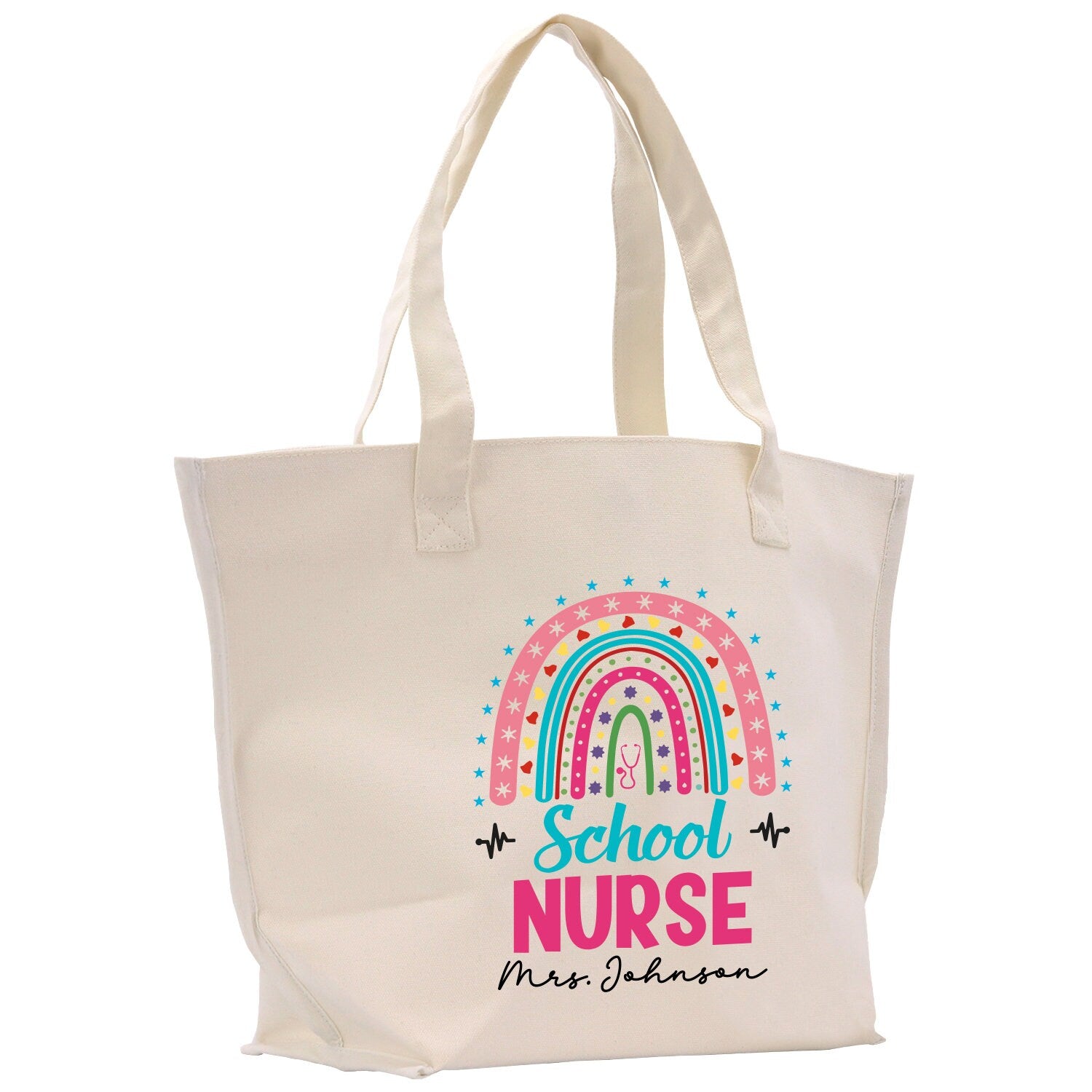 a white bag with a rainbow and school nurse on it